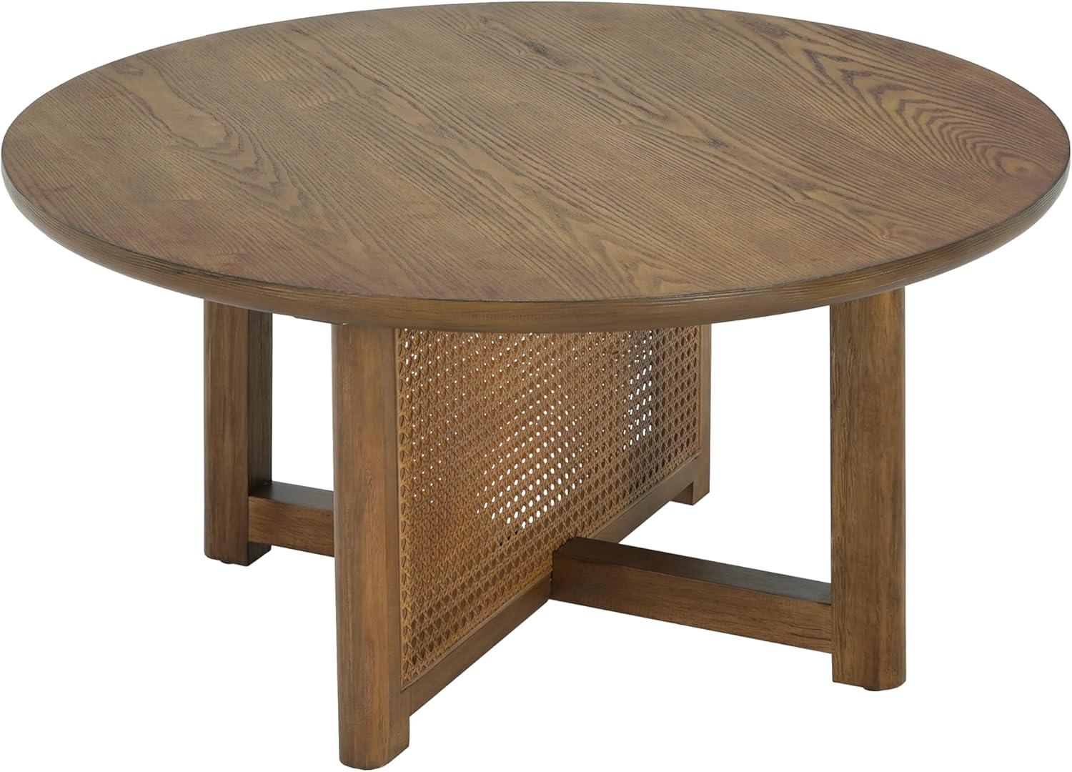 imageChristopher Knight Home Kiaya Round Coffee Table with PE Woven Design Wood Coffee Tables for Living Room Stylish Indoor Round Table Easy Assembly Versatile Living Room Furniture Natural Brown