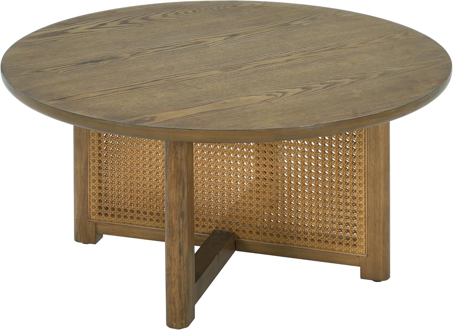 imageChristopher Knight Home Kiaya Round Coffee Table with PE Woven Design Wood Coffee Tables for Living Room Stylish Indoor Round Table Easy Assembly Versatile Living Room Furniture Natural Brown
