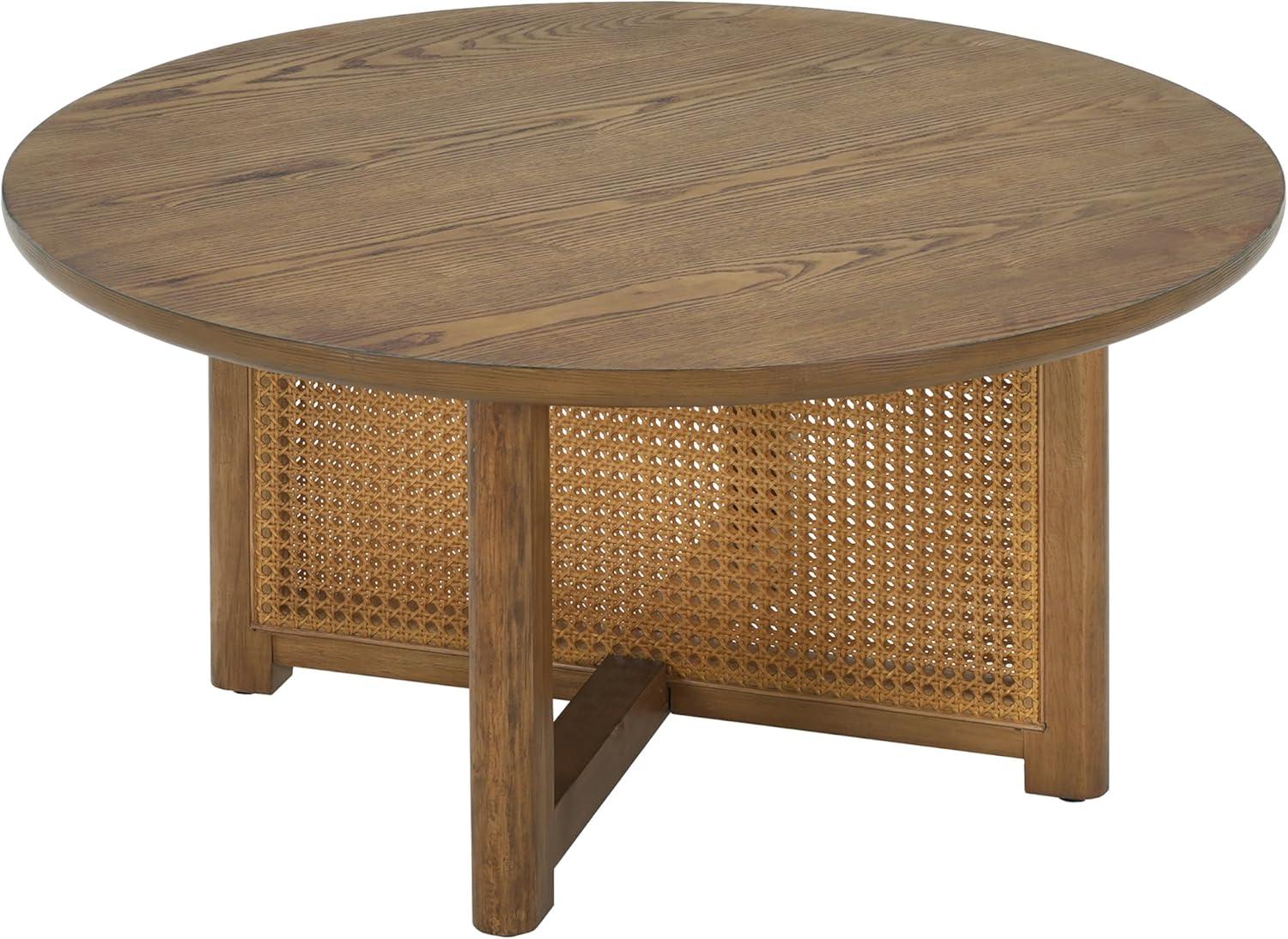 imageChristopher Knight Home Kiaya Round Coffee Table with PE Woven Design Wood Coffee Tables for Living Room Stylish Indoor Round Table Easy Assembly Versatile Living Room Furniture Natural Brown