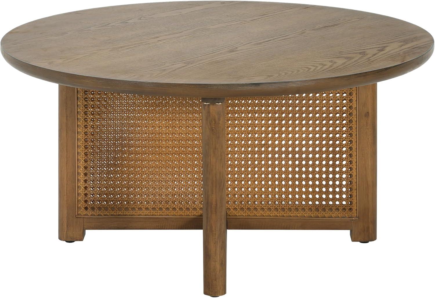 imageChristopher Knight Home Kiaya Round Coffee Table with PE Woven Design Wood Coffee Tables for Living Room Stylish Indoor Round Table Easy Assembly Versatile Living Room Furniture Natural Brown