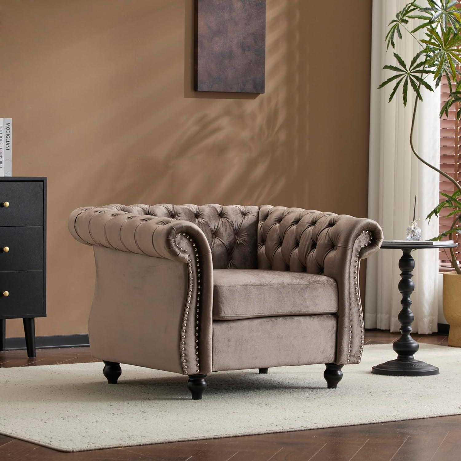 imageChristopher Knight Home Kitty Chesterfield Club Chair with Solid Wood Frame Velvet Upholstered Living Room Chair ButtonTufted Diamond Stitch Single Sofa Nailhead Accent Black Dark Brown