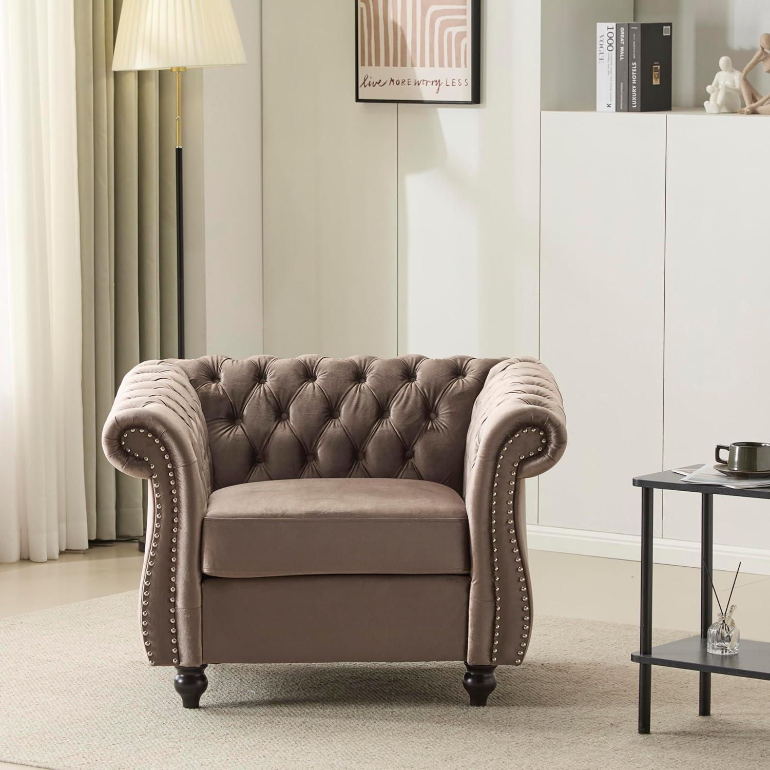 imageChristopher Knight Home Kitty Chesterfield Club Chair with Solid Wood Frame Velvet Upholstered Living Room Chair ButtonTufted Diamond Stitch Single Sofa Nailhead Accent Black Dark Brown