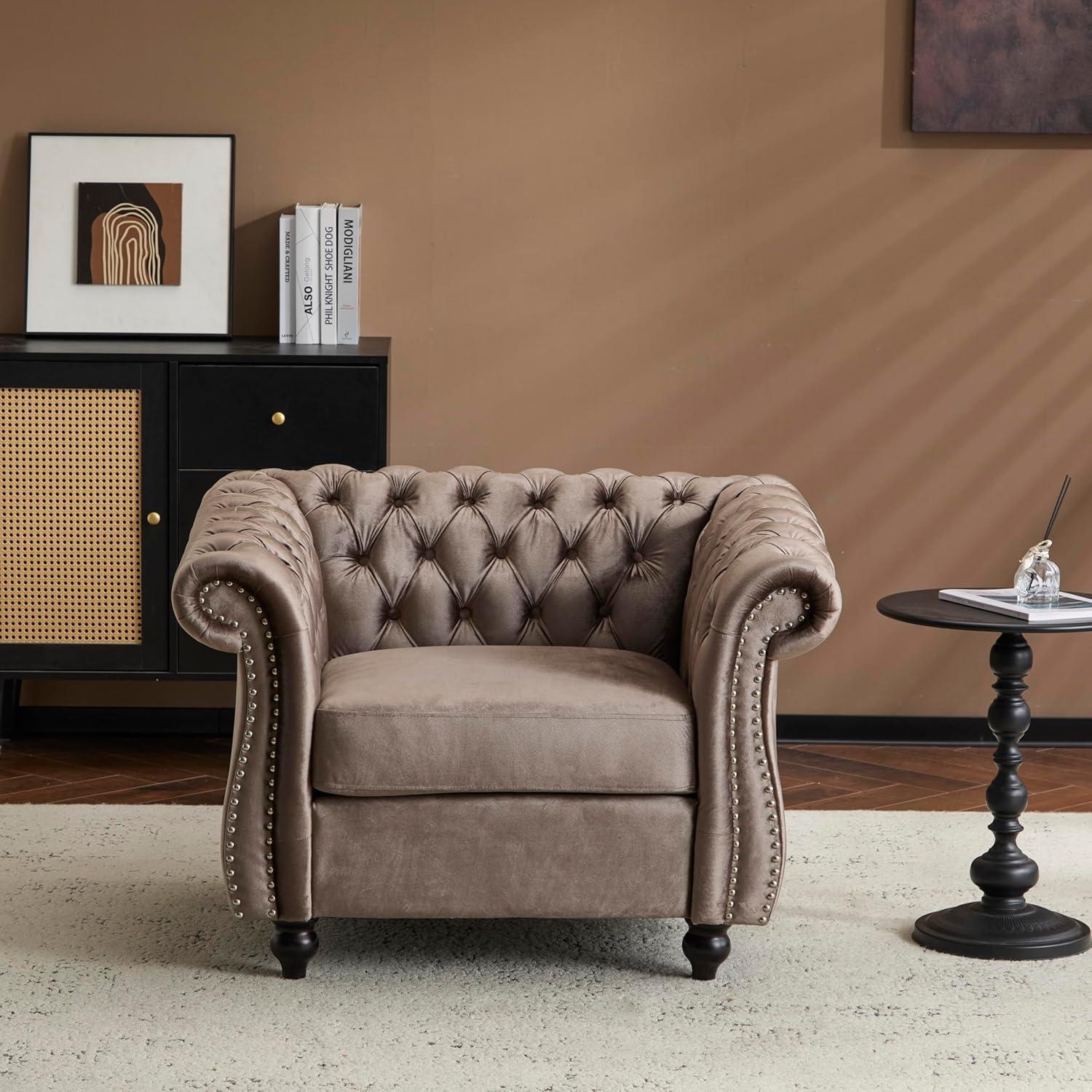 imageChristopher Knight Home Kitty Chesterfield Club Chair with Solid Wood Frame Velvet Upholstered Living Room Chair ButtonTufted Diamond Stitch Single Sofa Nailhead Accent Black Dark Brown