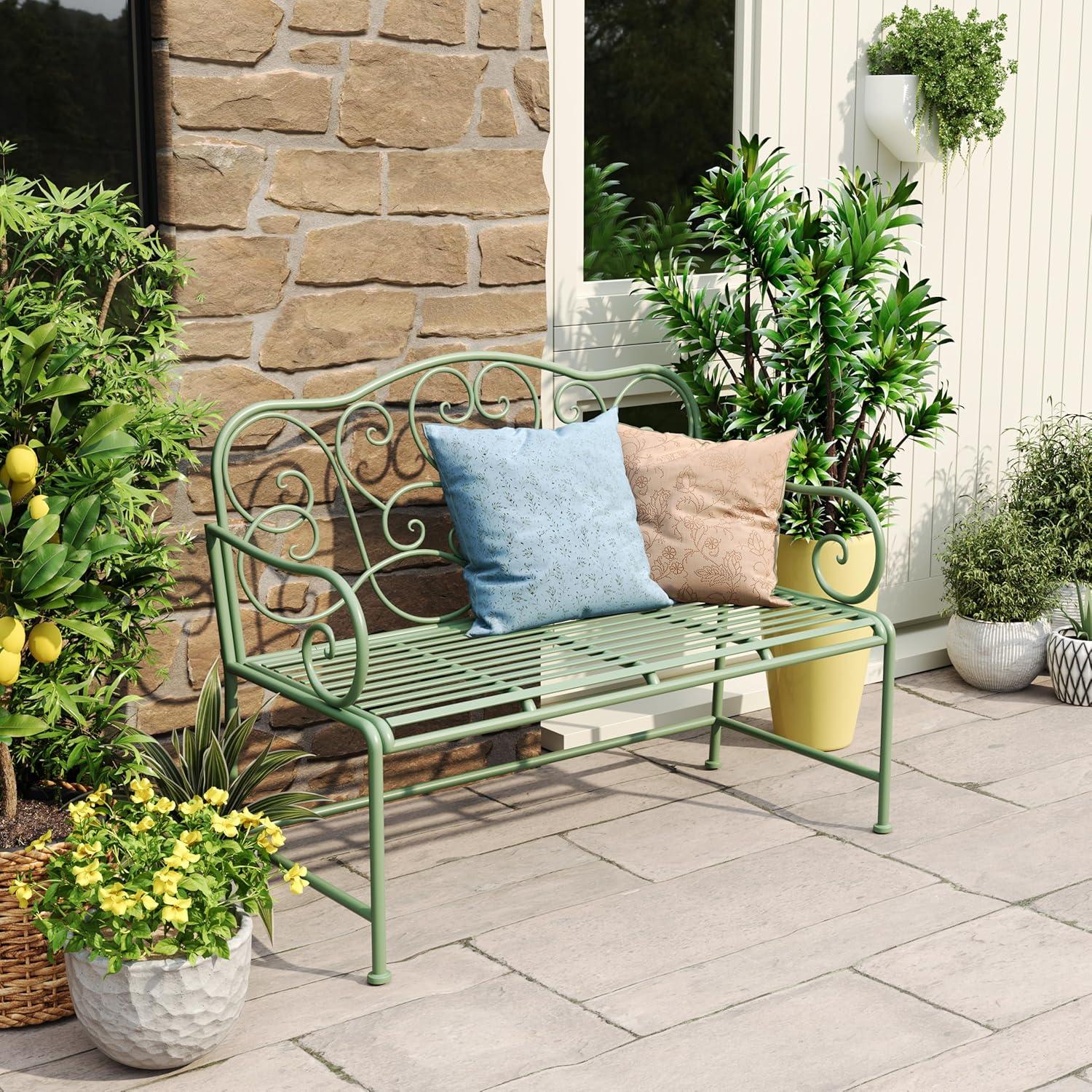 imageChristopher Knight Home Layon Iron Outdoor Bench Patio Loveseat for 2 People Durable Garden Bench with Floral Pattern Backrest Slatted Seat for ParkYard Spacious Outdoor Seating Matte Green