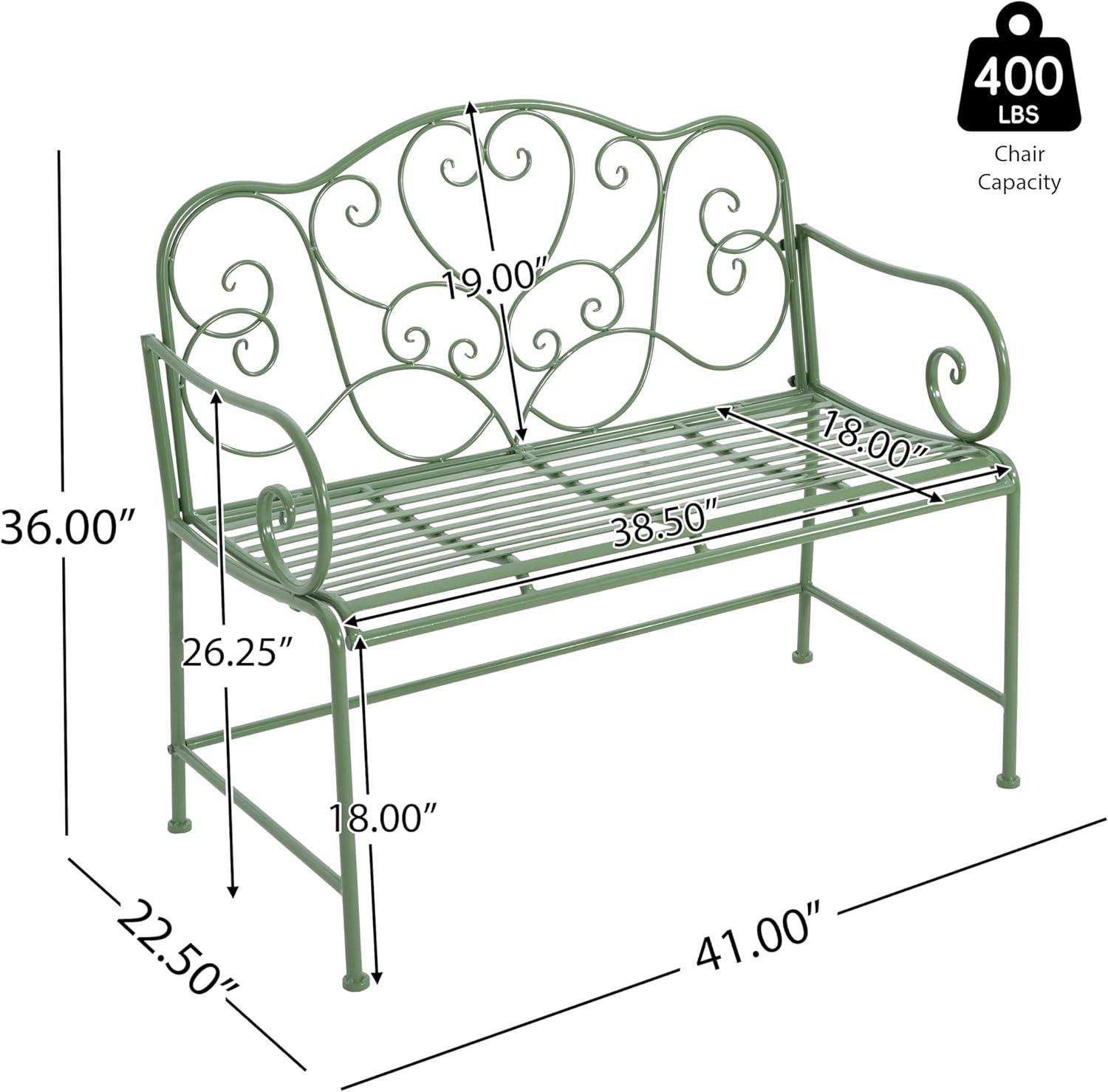 imageChristopher Knight Home Layon Iron Outdoor Bench Patio Loveseat for 2 People Durable Garden Bench with Floral Pattern Backrest Slatted Seat for ParkYard Spacious Outdoor Seating Matte Green