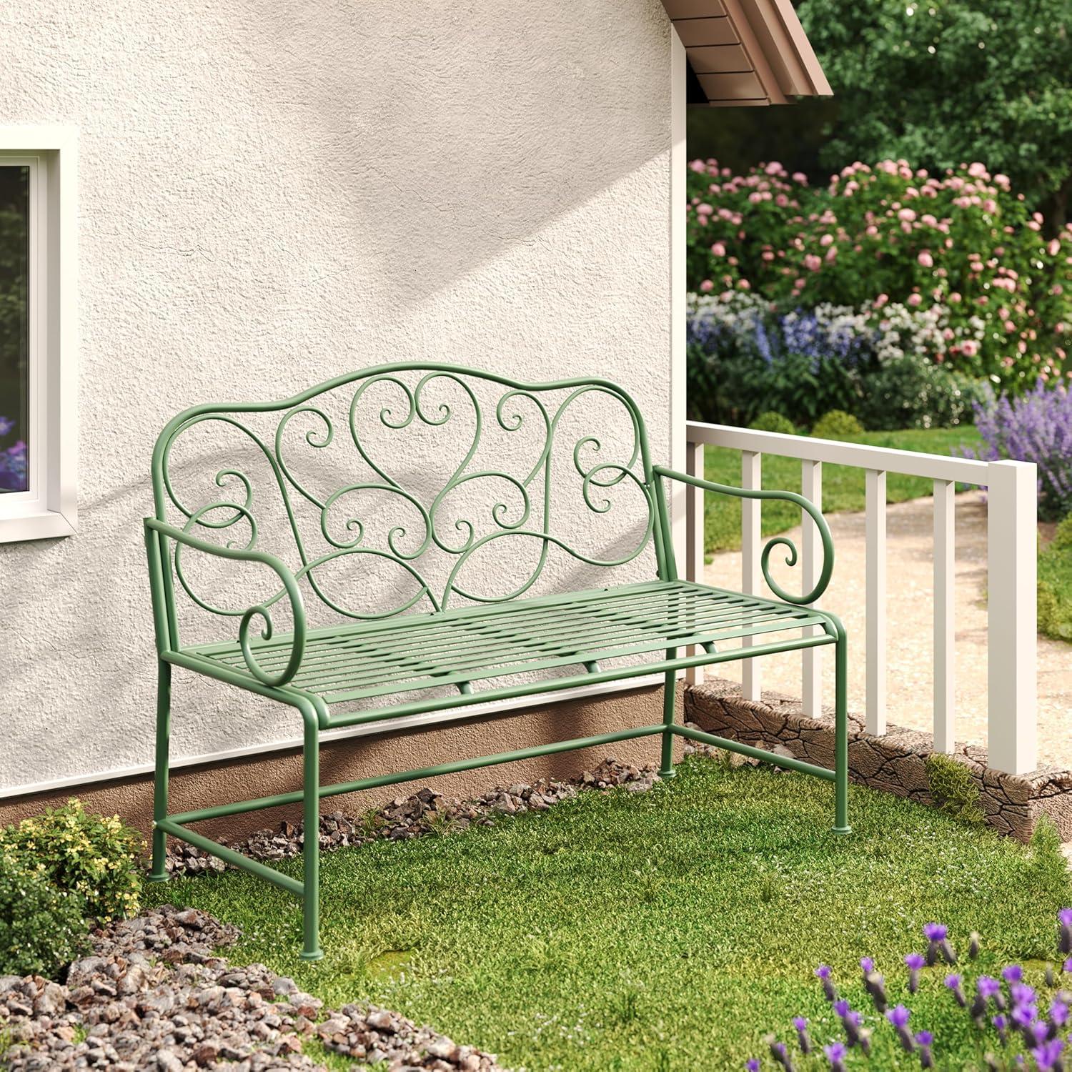imageChristopher Knight Home Layon Iron Outdoor Bench Patio Loveseat for 2 People Durable Garden Bench with Floral Pattern Backrest Slatted Seat for ParkYard Spacious Outdoor Seating Matte Green