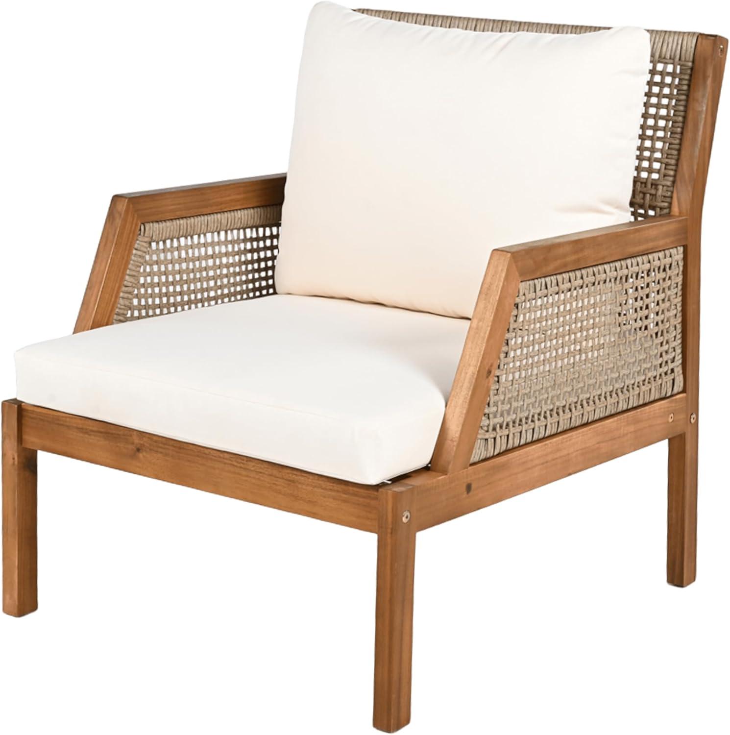 imageChristopher Knight Home Lena Patio Accent Chair Acacia Wood Club Chair Wicker Backrest Armchair Upholstered Cushion Seating Wooden Chairs for Balcony Backyard Garden 235quot 400lbs TeakCream