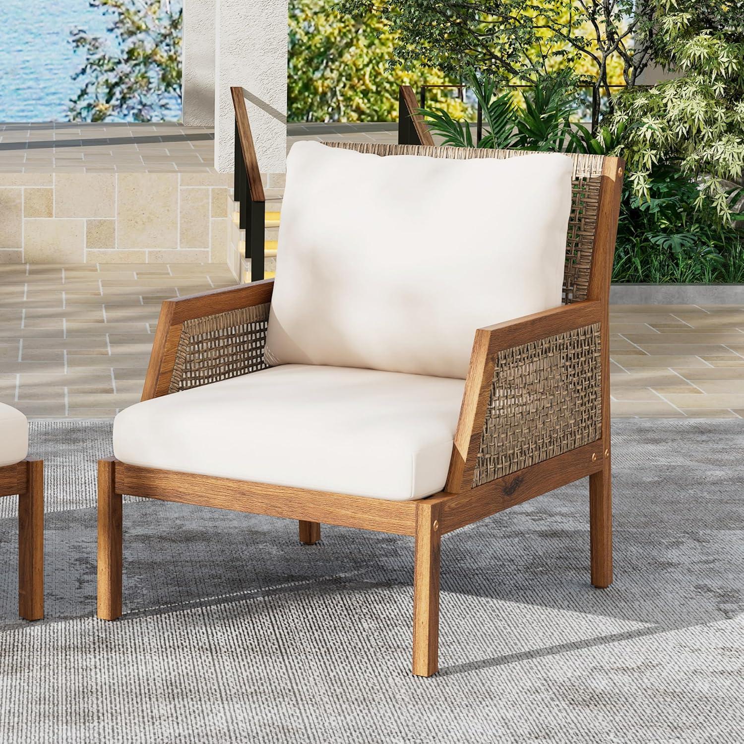 imageChristopher Knight Home Lena Patio Accent Chair Acacia Wood Club Chair Wicker Backrest Armchair Upholstered Cushion Seating Wooden Chairs for Balcony Backyard Garden 235quot 400lbs TeakCream