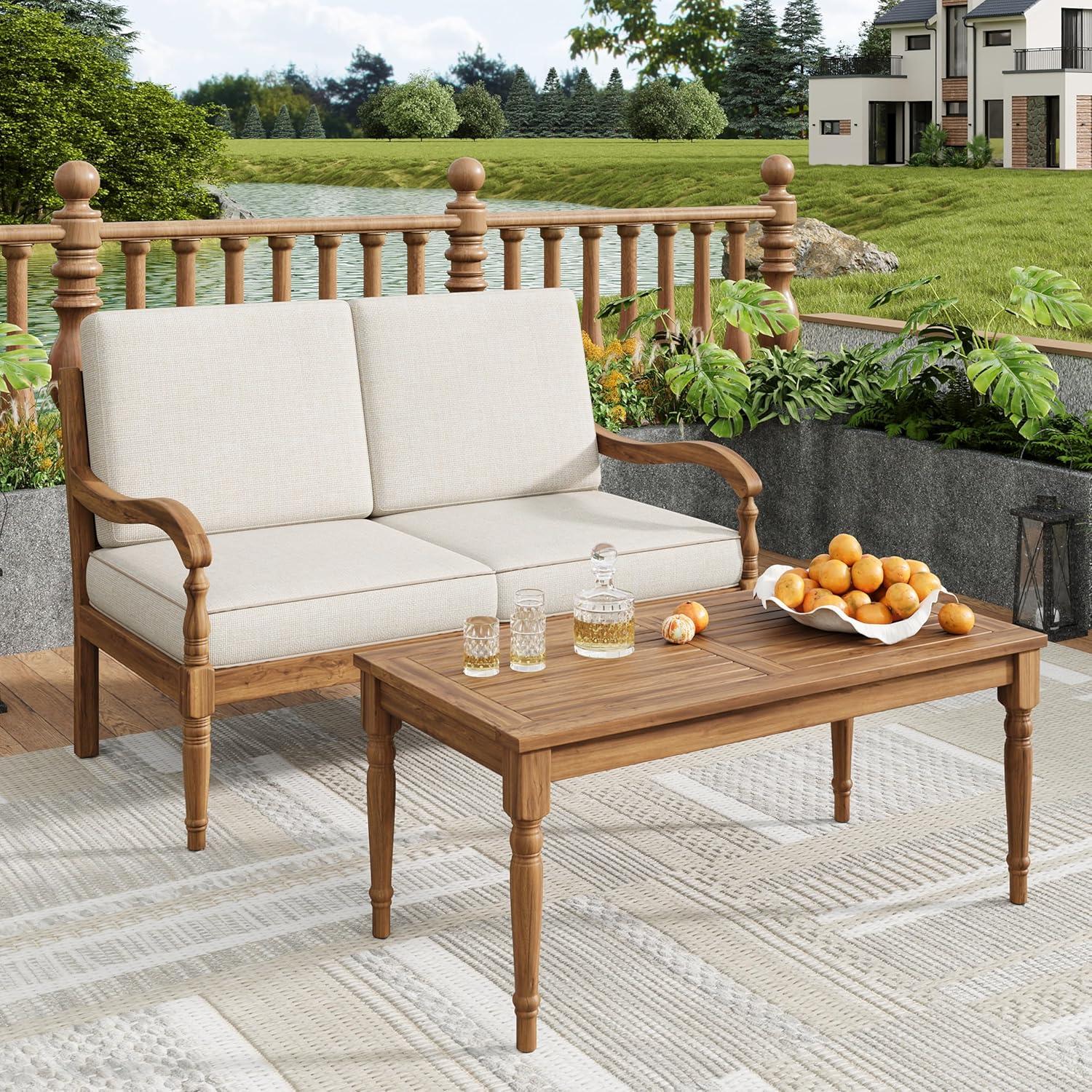 imageChristopher Knight Home Lina Patio Acacia Wood Conversation Set Outdoor Loveseat with Coffee Table Outdoor Chat Set Seating Group 2 Piece Sofa Seating Group with Cushions Beige Natural