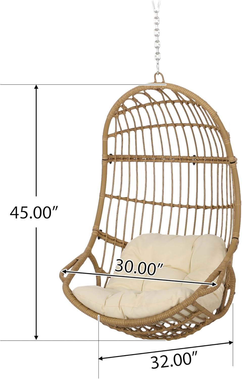 imageChristopher Knight Home Mariah Wicker Hanging Chair with Cushion Outdoor Indoor Basket Chair Boho Garden Lounger Porch Swing Furniture Modern Patio Decor Light Brown and Beige