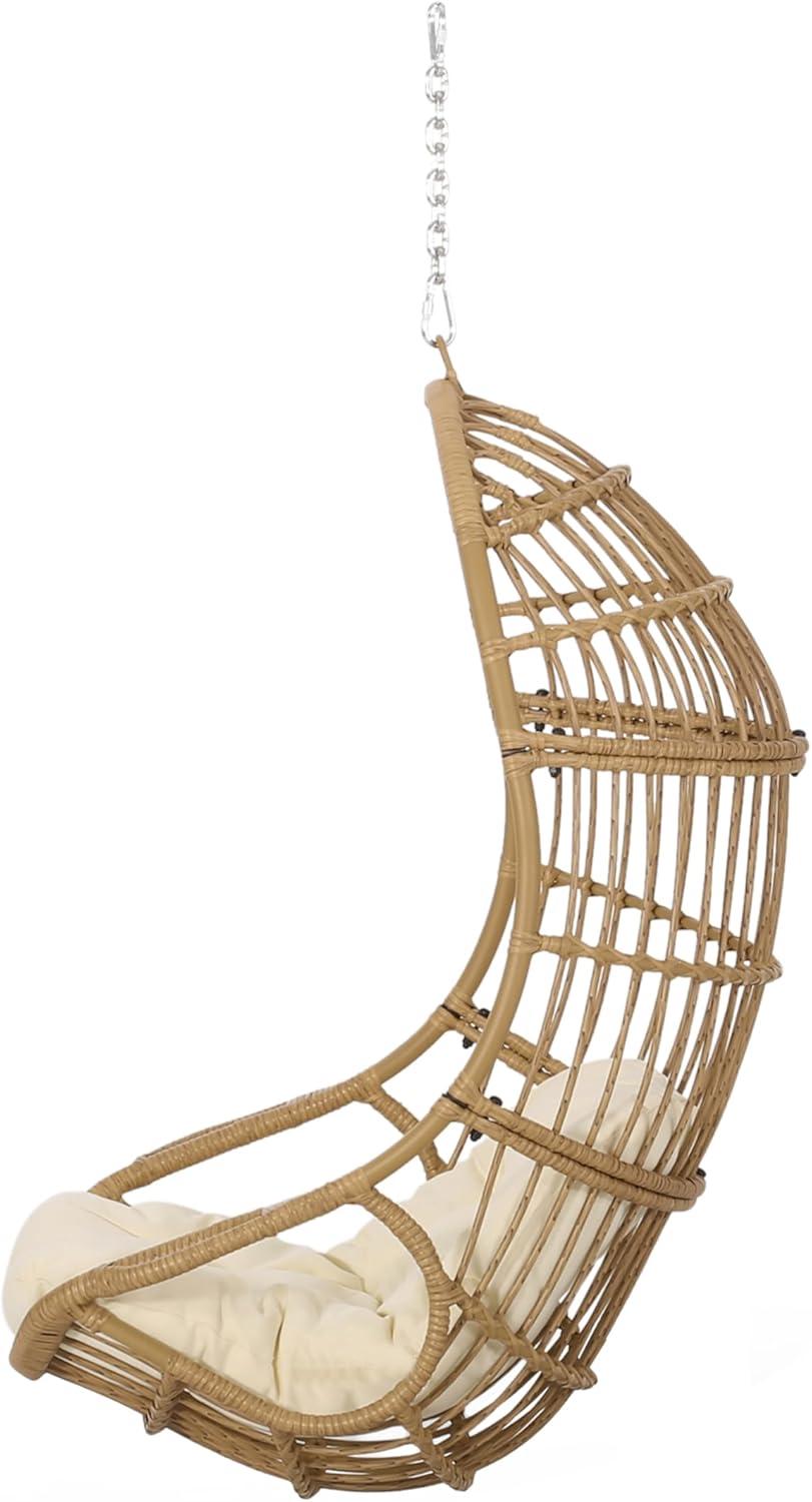 imageChristopher Knight Home Mariah Wicker Hanging Chair with Cushion Outdoor Indoor Basket Chair Boho Garden Lounger Porch Swing Furniture Modern Patio Decor Light Brown and Beige