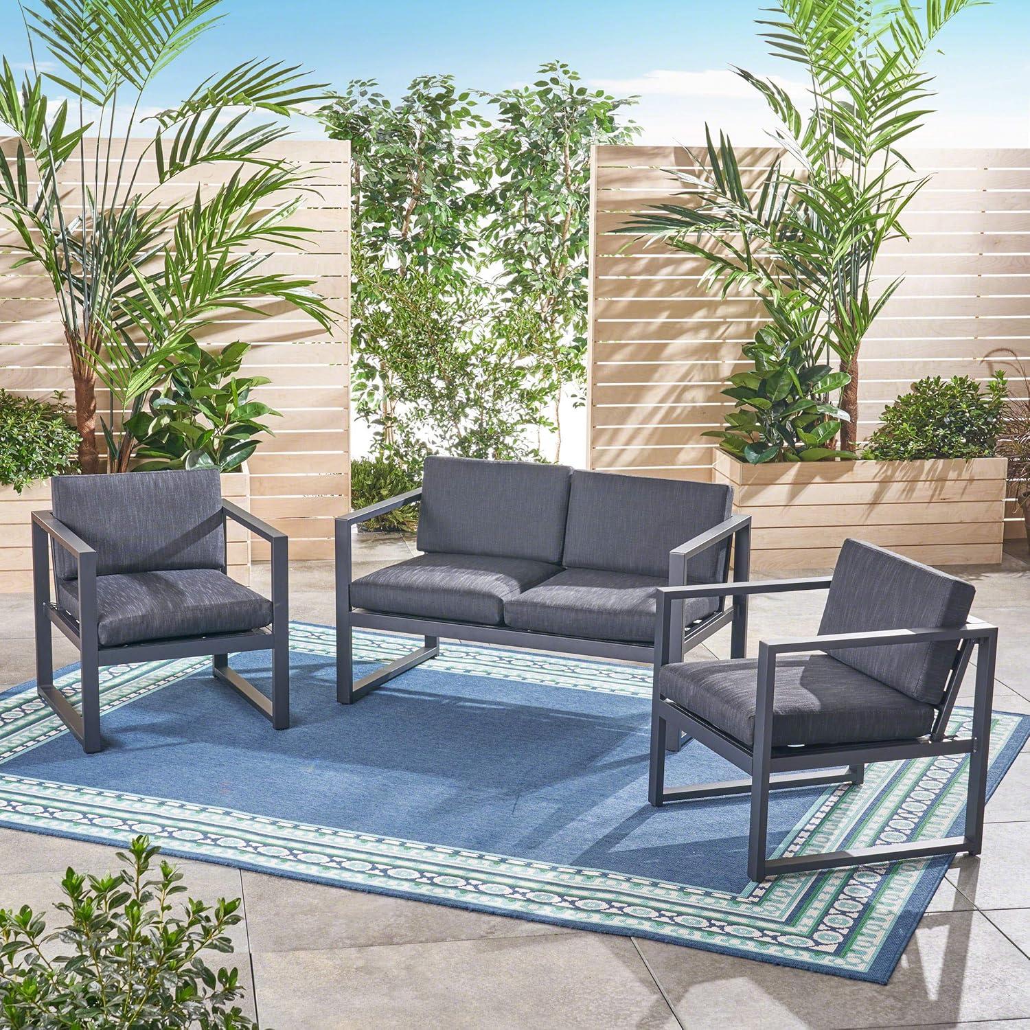 imageChristopher Knight Home Navan Outdoor 4Seater Aluminum Chat Set Silver Dark Grey Cushions