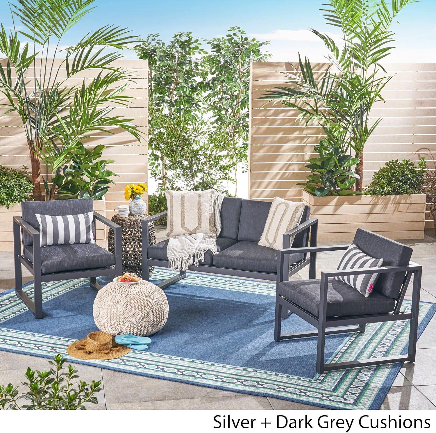 imageChristopher Knight Home Navan Outdoor 4Seater Aluminum Chat Set Silver Dark Grey Cushions