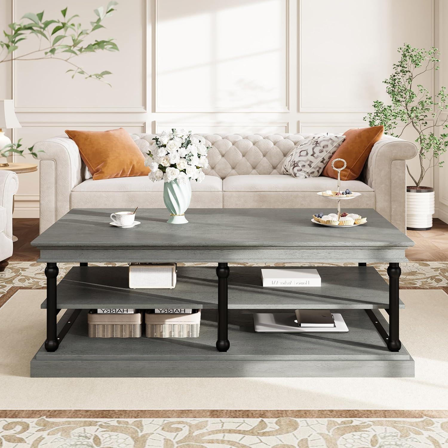 imageChristopher Knight Home Oner Living Room Coffee Table with Spacious 2Tier Design Modern Rubberwood Rectangular Side Table Multifunctional Accent Table with Open Storage Shelves Black Gray