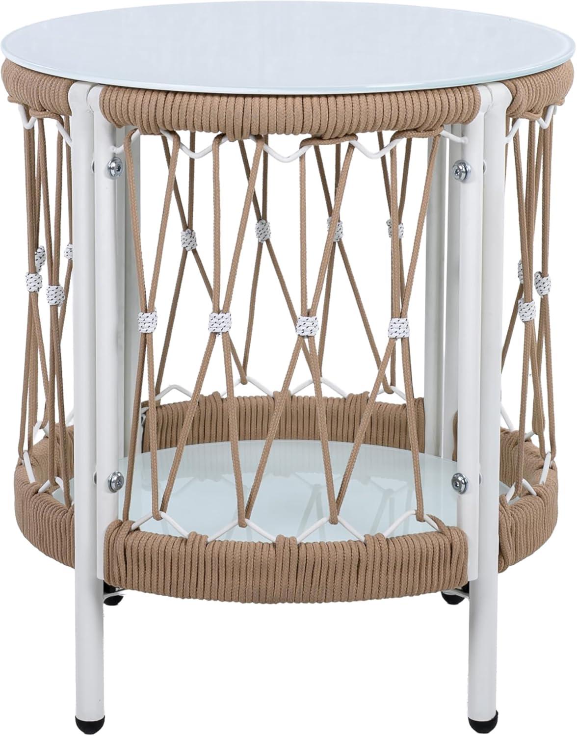 imageChristopher Knight Home Packy Bohemian Outdoor Side Table with Storage Shelf Glass Top Small Patio Round Coffee Table Sofa End Table for Patio Furniture Set with Metal Frame WhiteBeige
