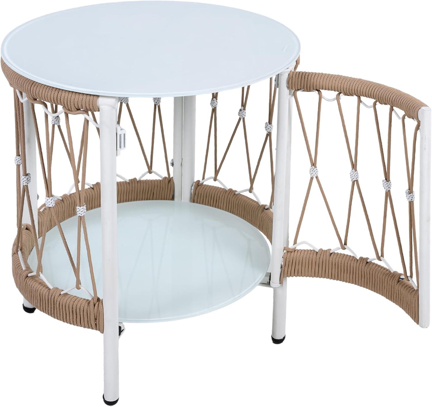 imageChristopher Knight Home Packy Bohemian Outdoor Side Table with Storage Shelf Glass Top Small Patio Round Coffee Table Sofa End Table for Patio Furniture Set with Metal Frame WhiteBeige