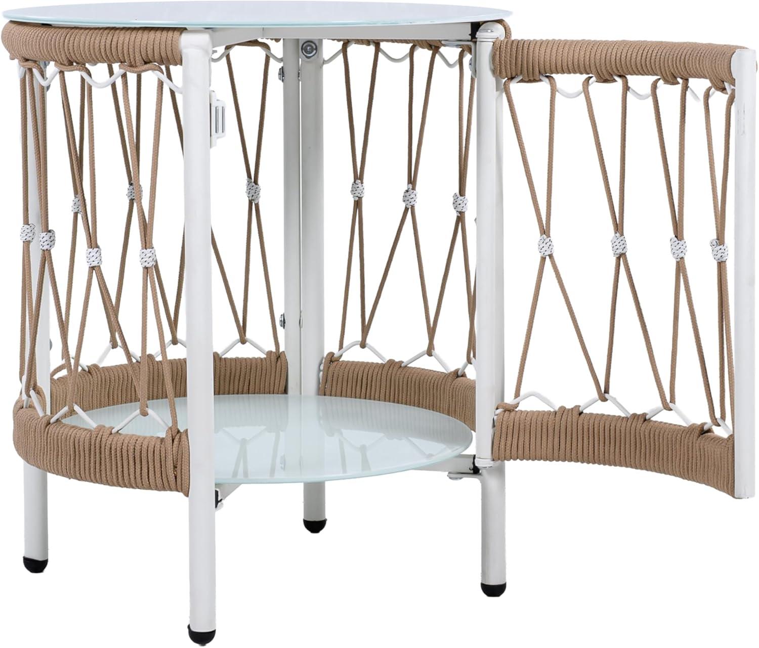 imageChristopher Knight Home Packy Bohemian Outdoor Side Table with Storage Shelf Glass Top Small Patio Round Coffee Table Sofa End Table for Patio Furniture Set with Metal Frame WhiteBeige