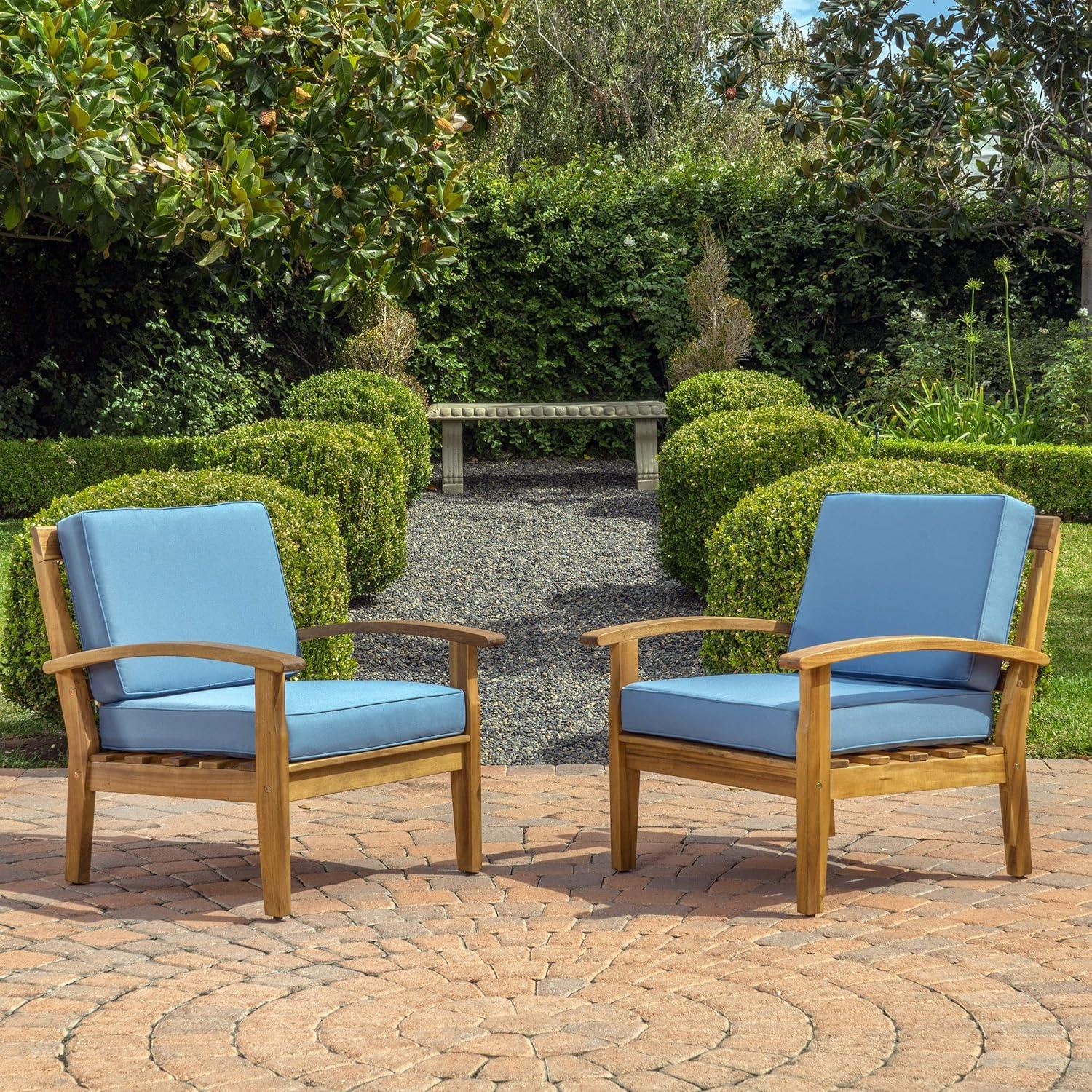 imageChristopher Knight Home Peyton Outdoor Wooden Club Chairs with Cushions 2Pcs Set Teak Finish Blue