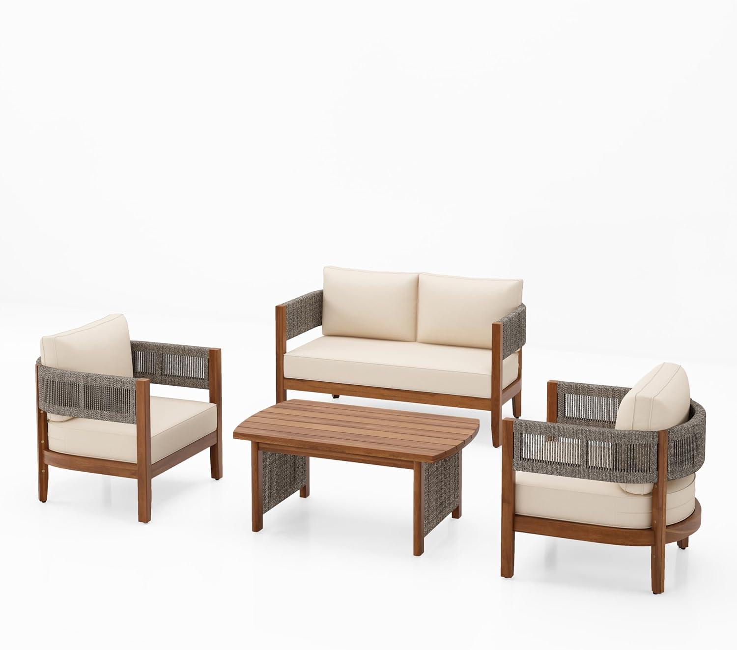 imageChristopher Knight Home Quixley Acacia Wood 4 Piece Patio Furniture Set Wooden Patio Conversation Set with Club Chair and Coffee Table 4Seater Outdoor Loveseat Sofa Chair and Table Set TeakBeige