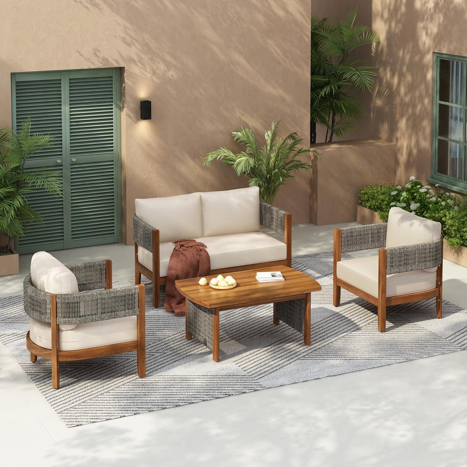 imageChristopher Knight Home Quixley Acacia Wood 4 Piece Patio Furniture Set Wooden Patio Conversation Set with Club Chair and Coffee Table 4Seater Outdoor Loveseat Sofa Chair and Table Set TeakBeige
