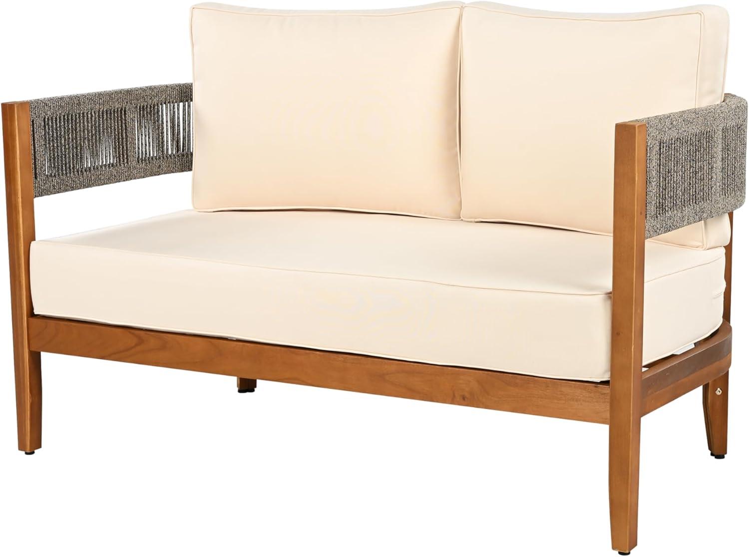 imageChristopher Knight Home Quixley Acacia Wood 4 Piece Patio Furniture Set Wooden Patio Conversation Set with Club Chair and Coffee Table 4Seater Outdoor Loveseat Sofa Chair and Table Set TeakBeige