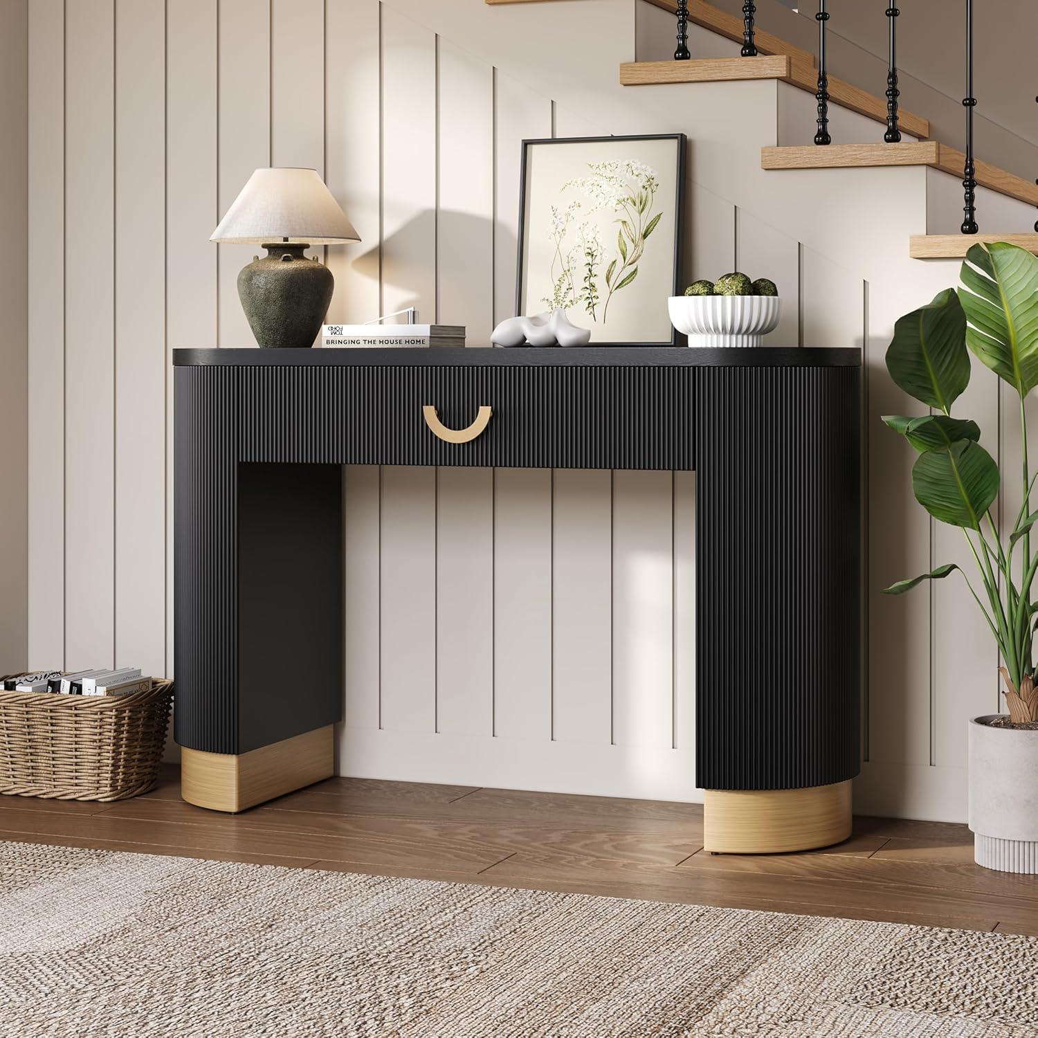 imageChristopher Knight Home Sama Narrow Console Table with Metal Drawer Pull Vertical Ribbed Design Indoor Accent Table MDF Wood Display Table with Metal Drawer Pull for Home Decoration Black