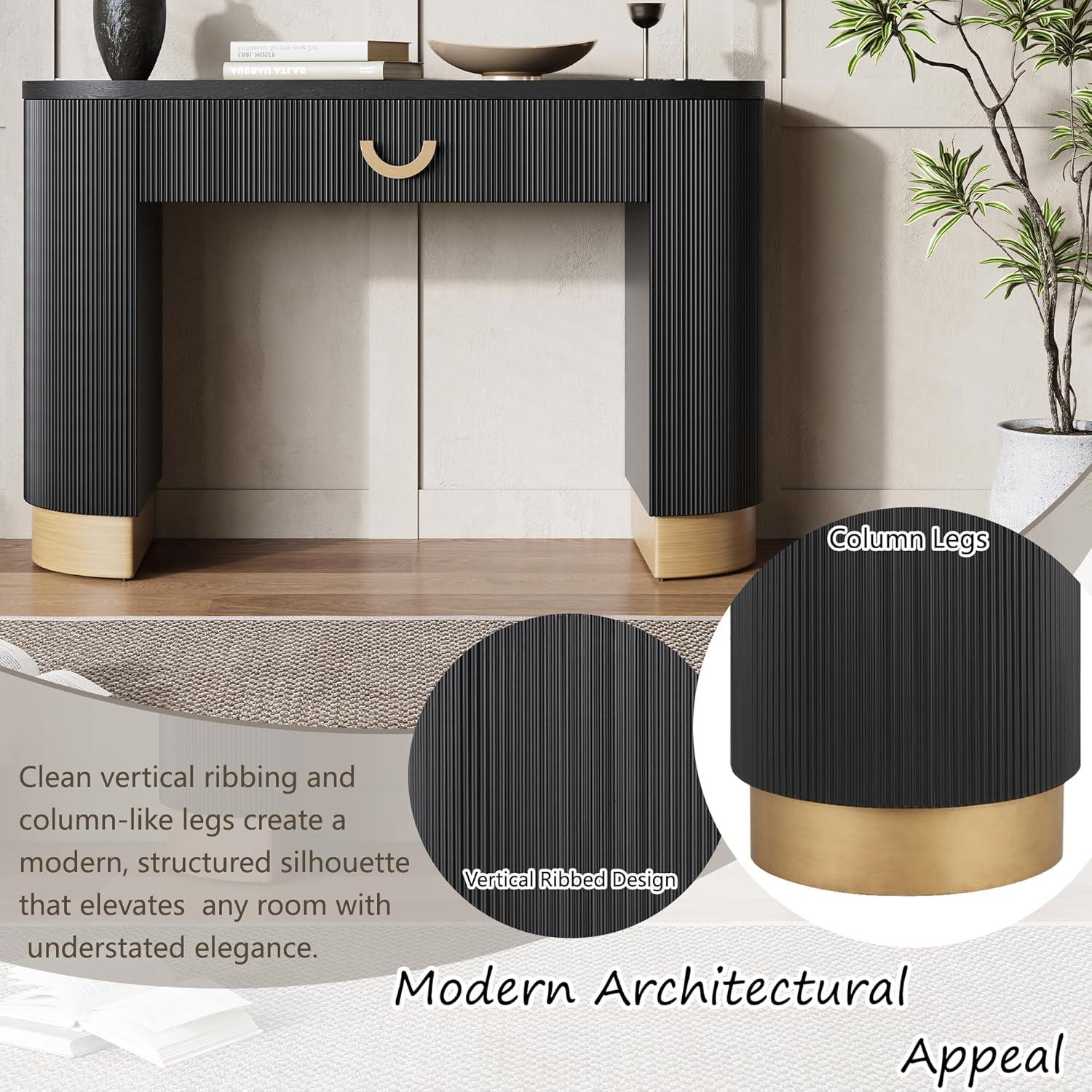 imageChristopher Knight Home Sama Narrow Console Table with Metal Drawer Pull Vertical Ribbed Design Indoor Accent Table MDF Wood Display Table with Metal Drawer Pull for Home Decoration Black