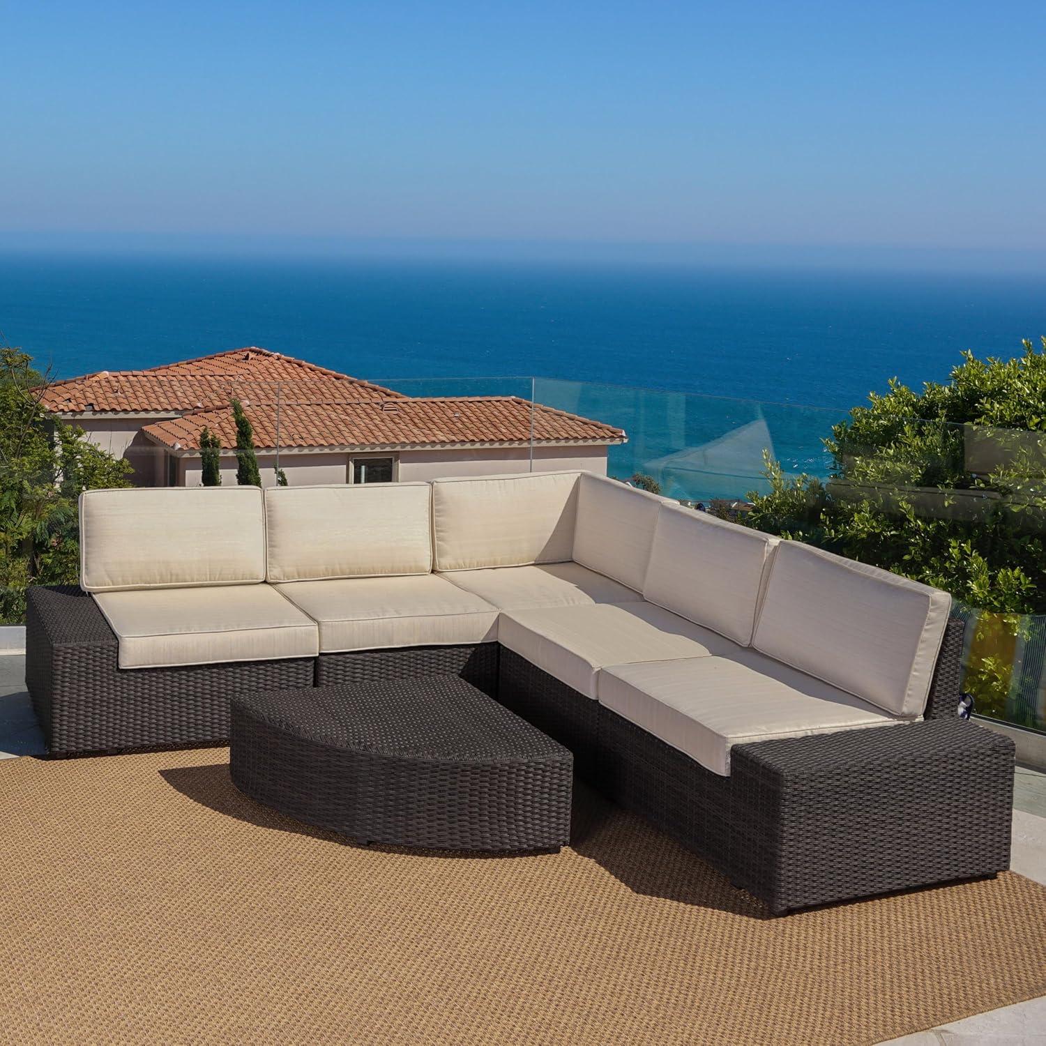 imageChristopher Knight Home Santa Cruz Outdoor Wicker Sectional Sofa Set with Water Resistant Cushions 6Pcs Set Brown