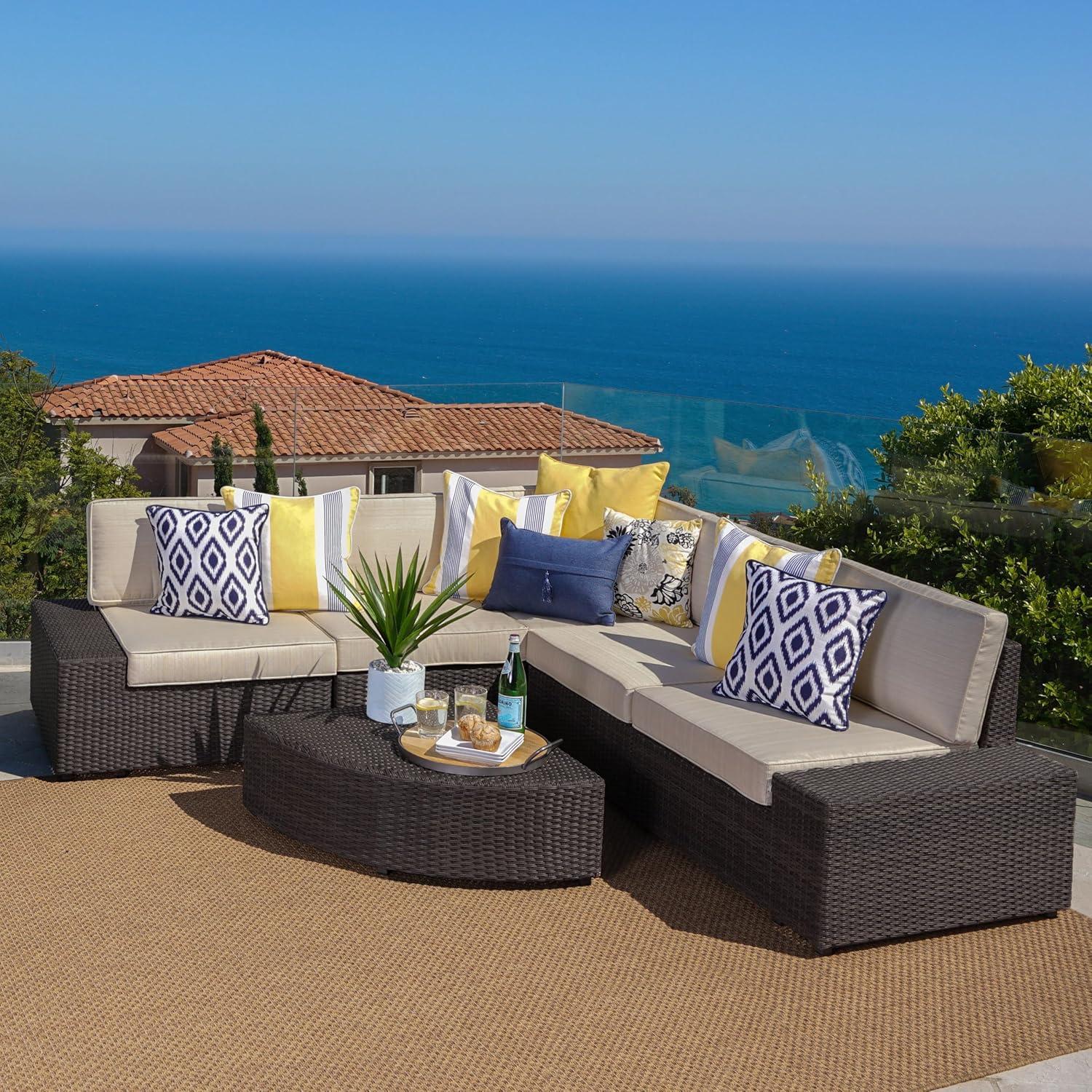 imageChristopher Knight Home Santa Cruz Outdoor Wicker Sectional Sofa Set with Water Resistant Cushions 6Pcs Set Brown