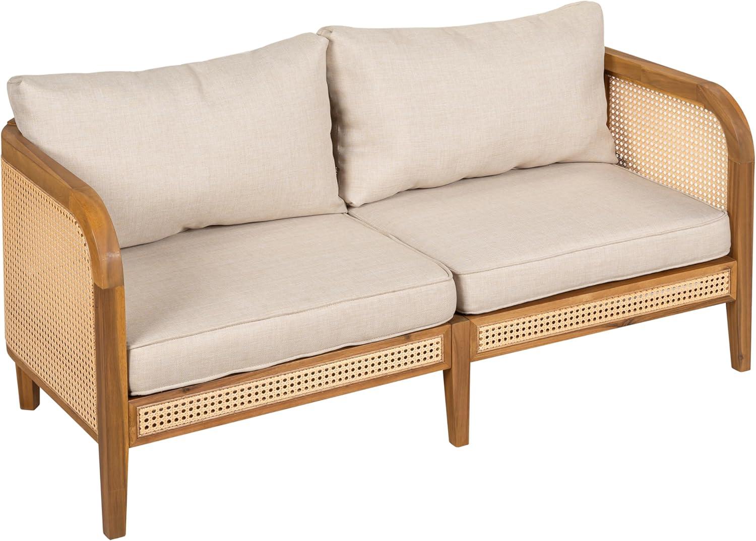 imageChristopher Knight Home Tilden Acacia Wood Outdoor Loveseat 2Seater Patio Furniture Sofa with Wicker Accent Wooden Patio Sofa Couch with ArmrestCushions Comfy LoungingReading Chair TeakBeige