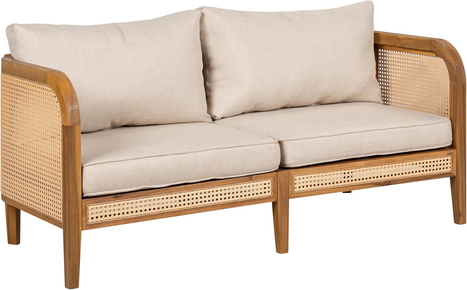 imageChristopher Knight Home Tilden Acacia Wood Outdoor Loveseat 2Seater Patio Furniture Sofa with Wicker Accent Wooden Patio Sofa Couch with ArmrestCushions Comfy LoungingReading Chair TeakBeige