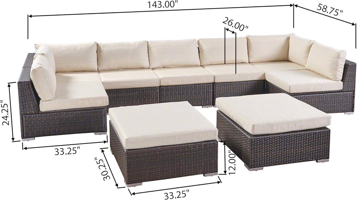 imageChristopher Knight Home Tom Rosa Outdoor 7 Seater Wicker Sectional Sofa Set Multibrown with Beige Cushions