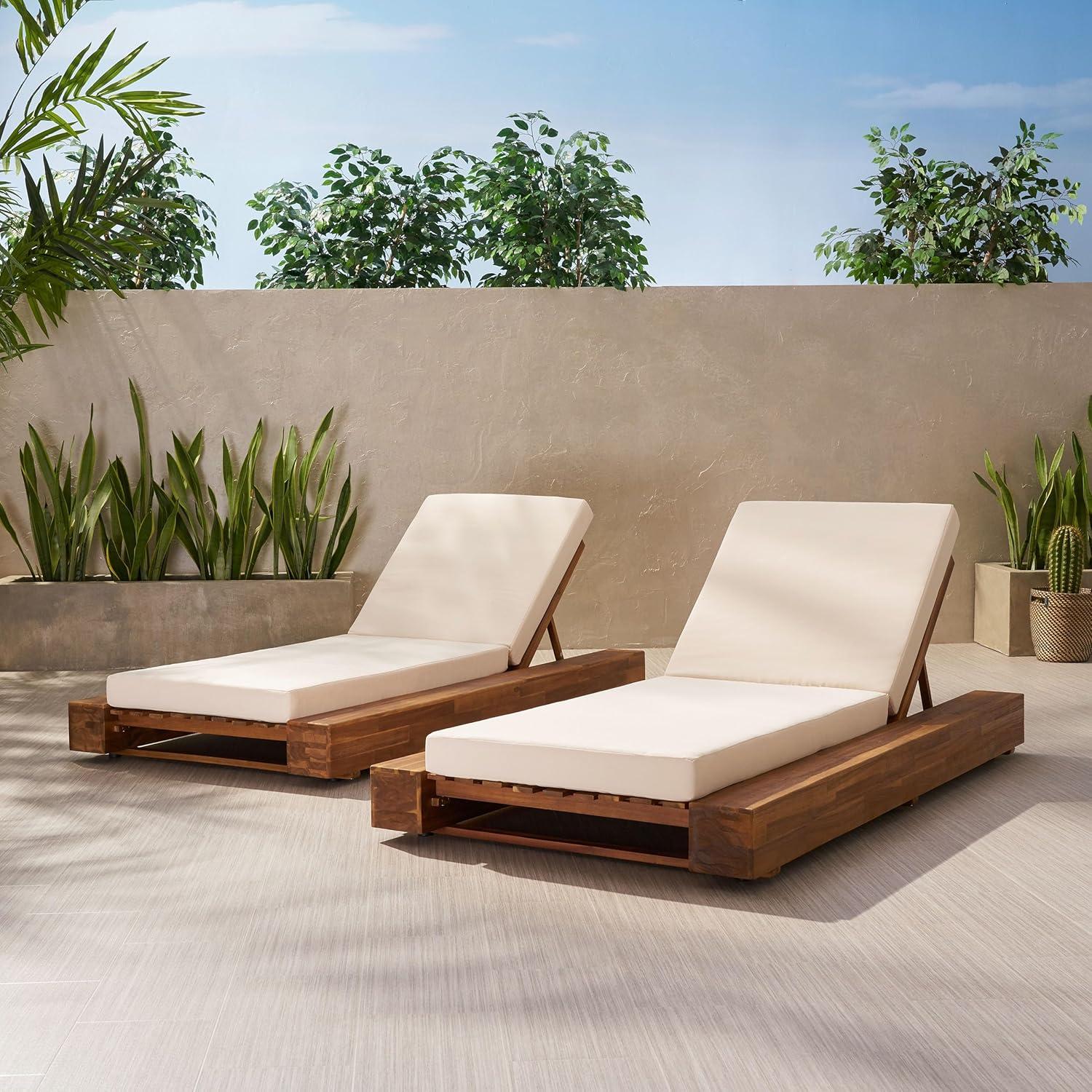 imageChristopher Knight Home Tory Acacia Wood Chaise Lounge Chair Outdoor Set of 2 Adjustable Backrest Sun Lounger Recliner Patio Outdoor Chaise Lounge with 4quot Thick WaterResistant Cushions TeakCream