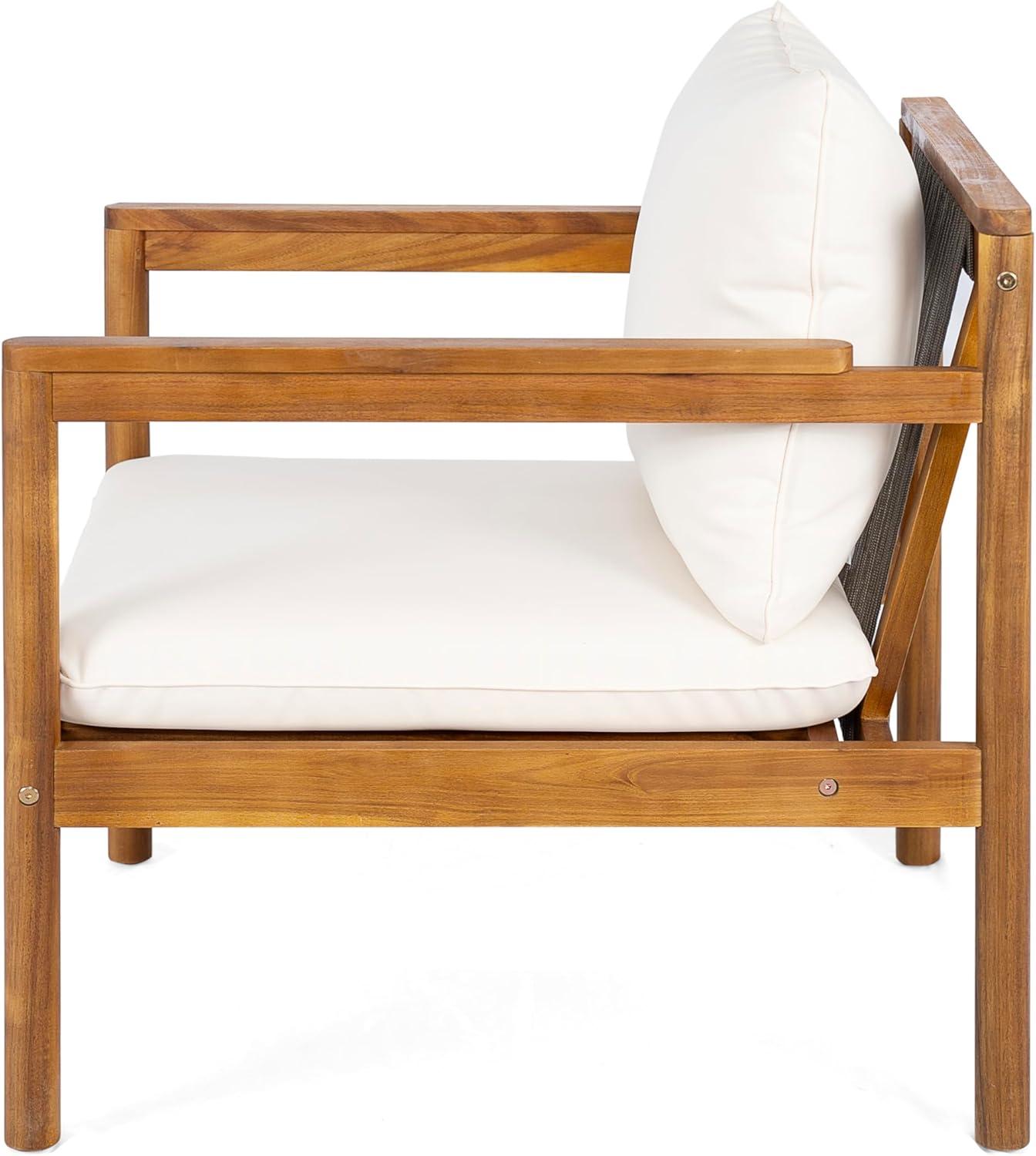 imageChristopher Knight Home Veera Set of 2 Acacia Wood Lounge Chair Outdoor with Rope Accent Accent Chair with WaterRepellent Cushions Comfy Chairs for GardenBackyard Patio Furniture Teak Cream