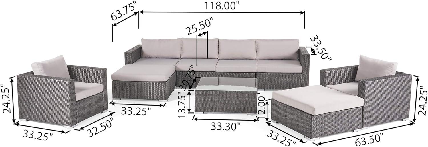 imageGreat Deal Furniture Tom Rosa Outdoor 8 Seater Wicker Sectional Sofa Set with Cushions Grey with Silver CushionsGreySilver Cushion