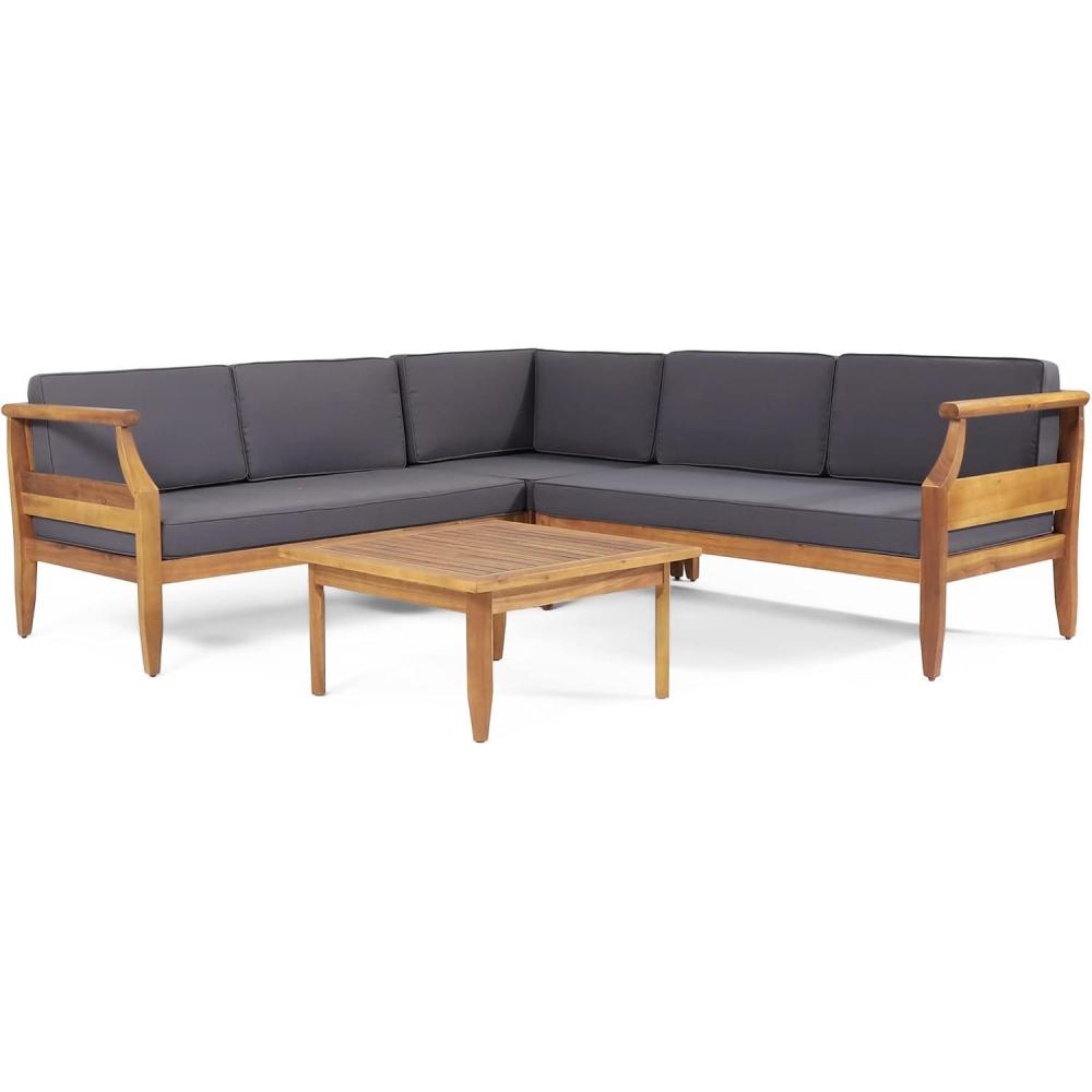 imageAston Outdoor 5 Seater Sectional Chat Set with Cushions Acacia Wood TeakDark Gray
