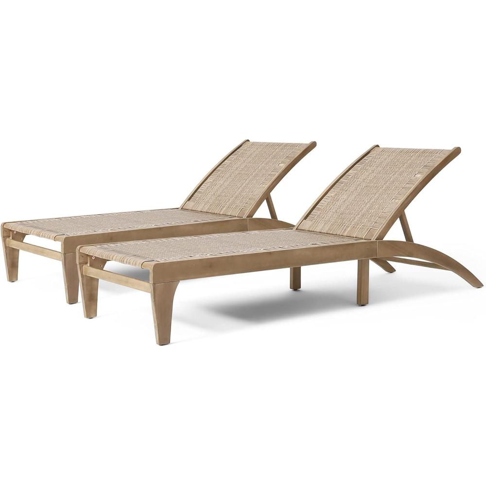 imageBenfield Outdoor Chaise Lounge Acacia Wood and Flat Wicker Light BrownLight Multibrown Set of 2