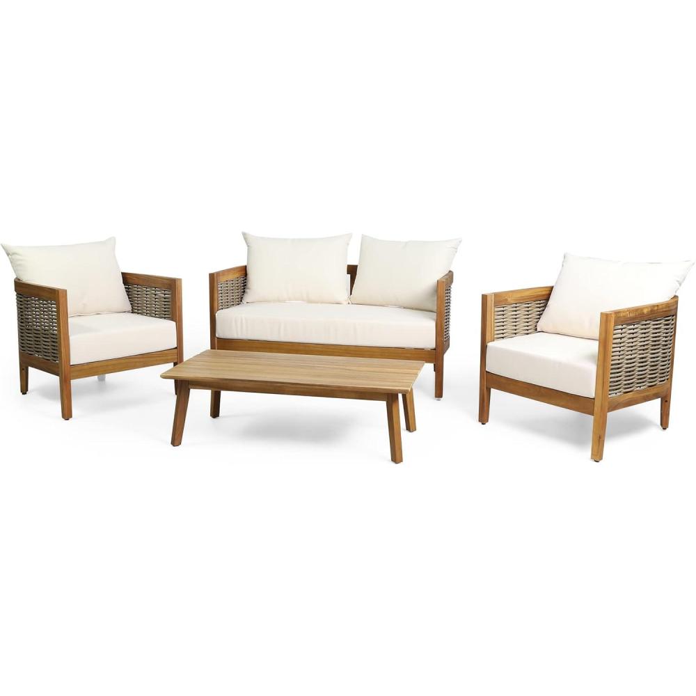 imageCHRISTOPHER KNIGHT HOME Burchett Outdoor 4pc Chat Set Acacia Wood and Wicker TeakMixed BrownBeigeOutdoor Chat Set