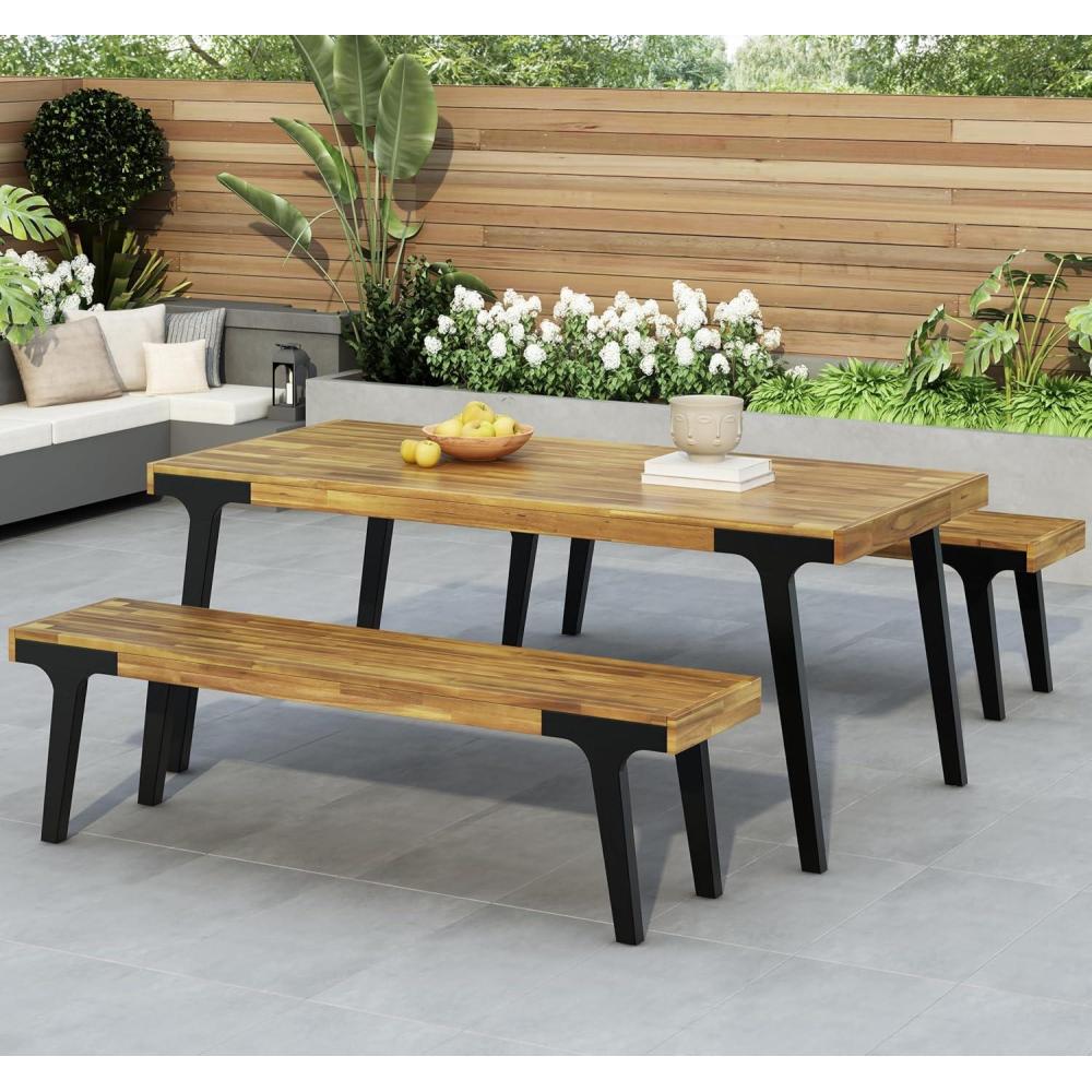 imageChristopher Knight Home 3 Piece Patio Dining TableAcacia Wood Table Bench Dining Set2 Wood Benches with 69 Large Dining TableIndustrial Style Dining Furniture Set for Outdoor Deck Yard Porch