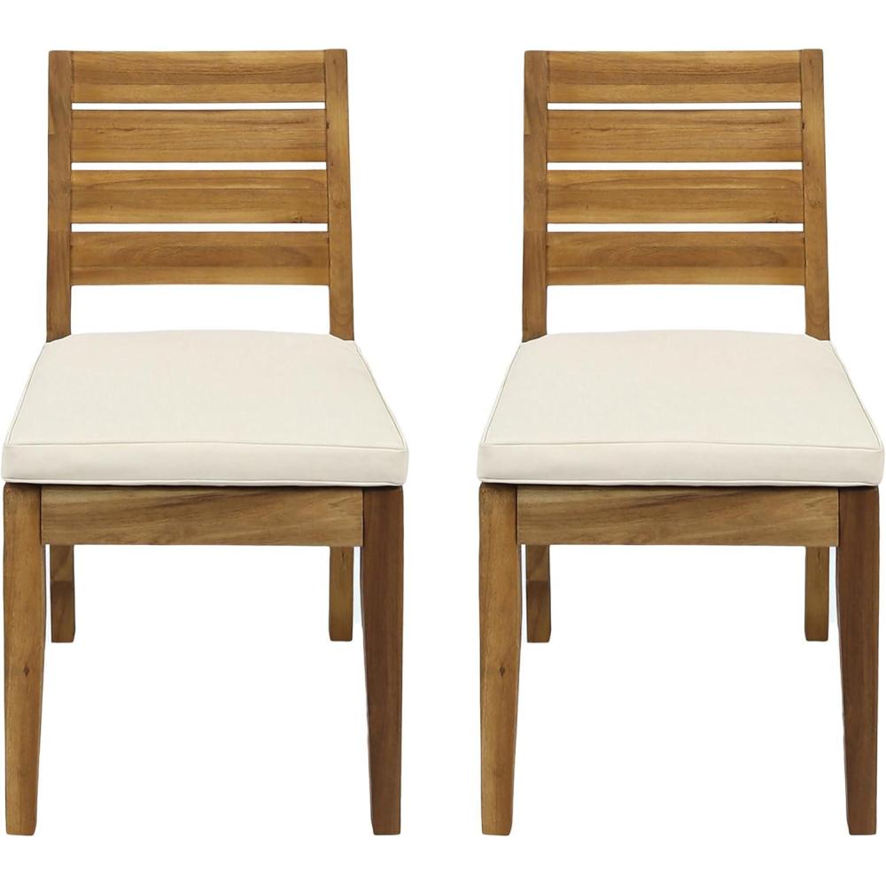 imageChristopher Knight Home Acacia Wood Outdoor Dining Chair Set of 2 with Cushions Wooden Armless Patio Dining Chair Sandblasted Natural Brown Beige