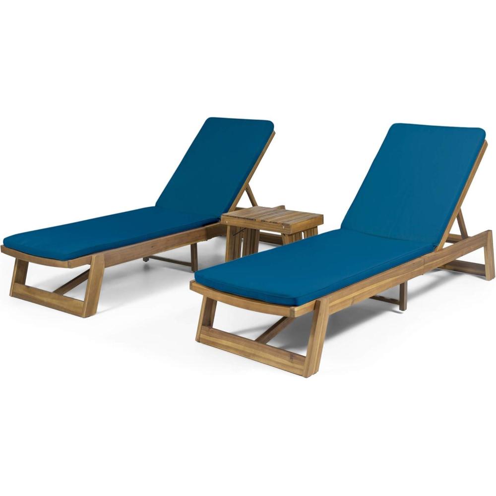 imageChristopher Knight Home Alfred Outdoor Acacia Wood 3 Piece Chaise Lounge Set Teak Finish Yellow BlueBlue