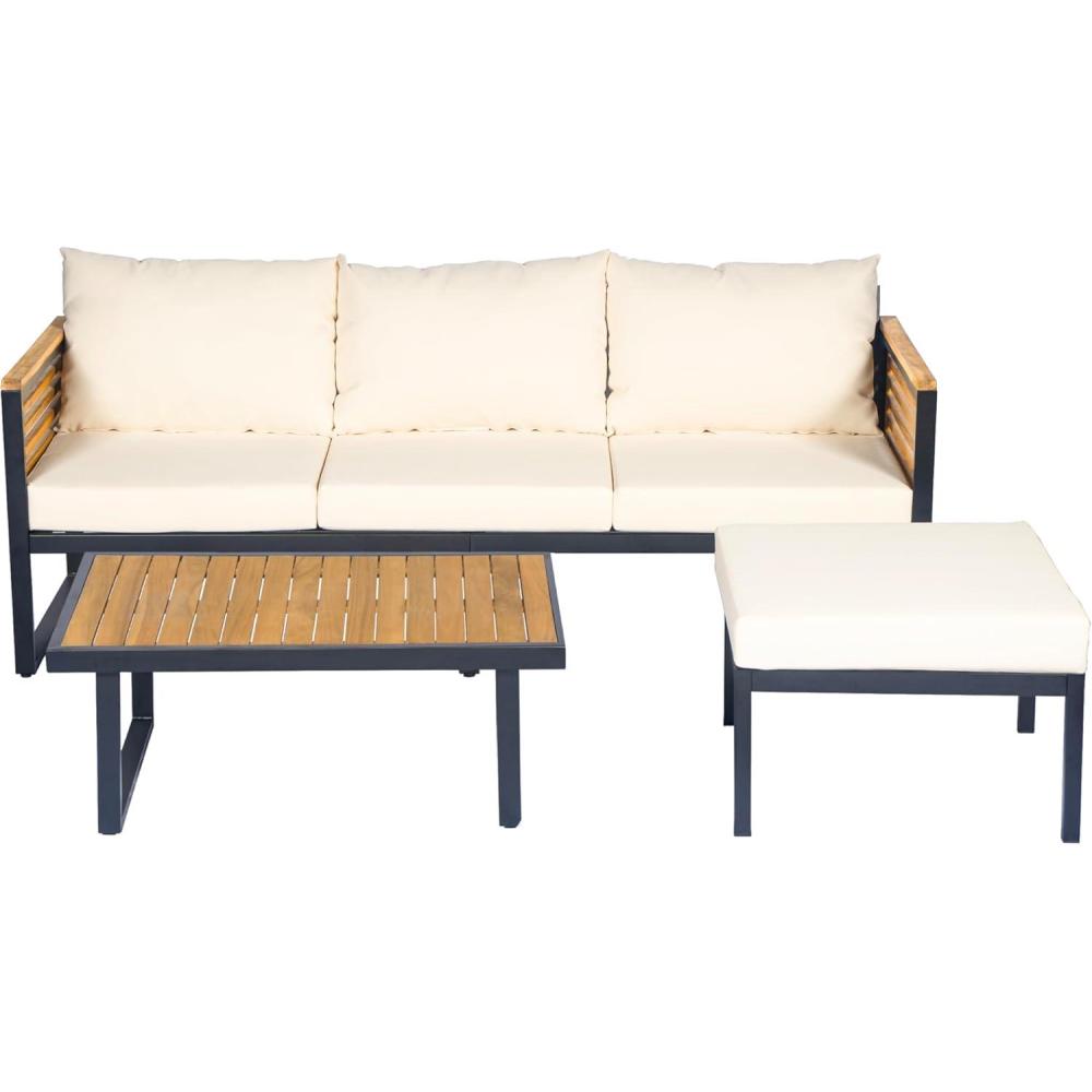 imageChristopher Knight Home Alvin 3Piece Acacia Wood Metal Patio Furniture Set Outdoor Sectional Conversation Sofa Chat Set with Coffee Table and Ottoman for Backyard or Balcony TeakBeigeBlack