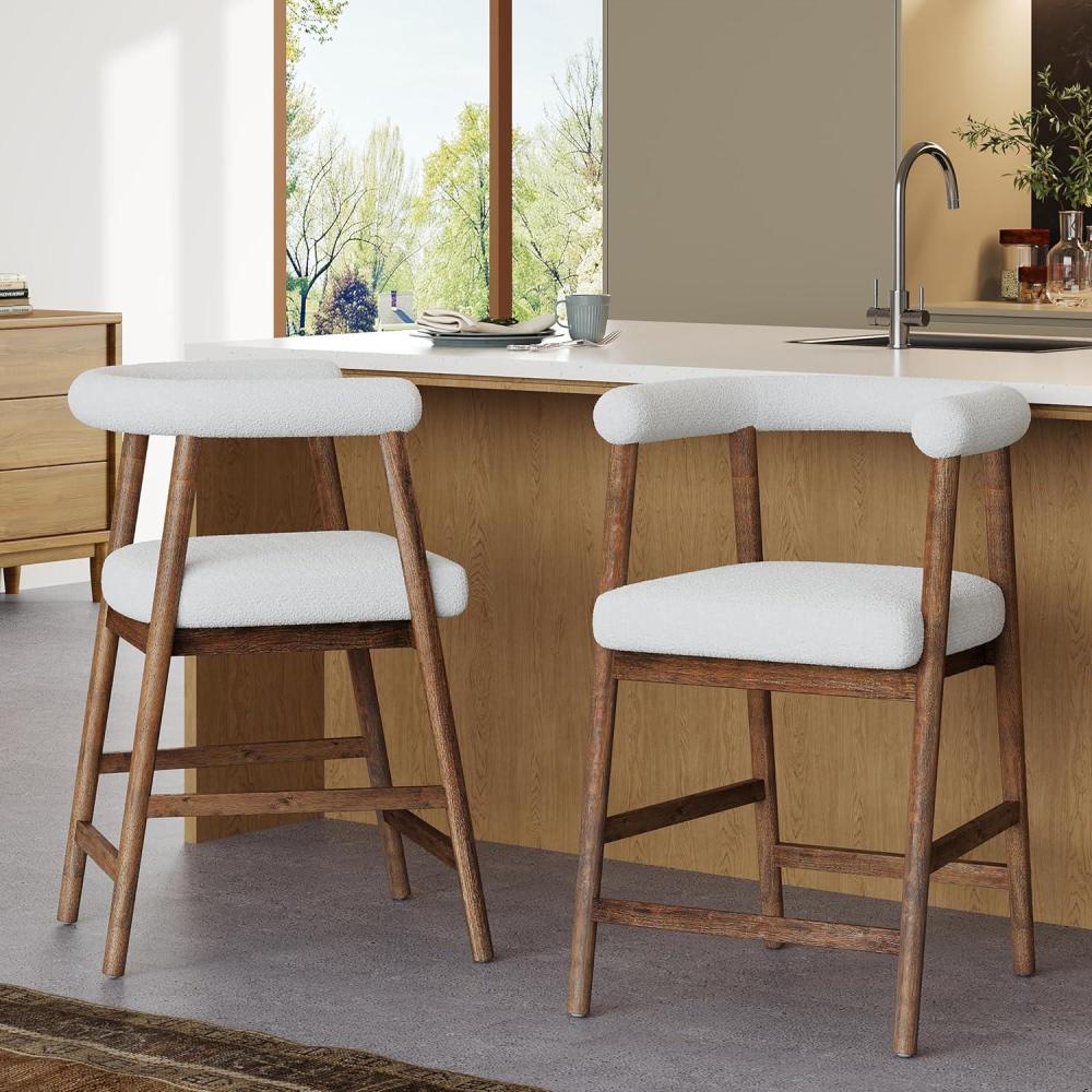 imageChristopher Knight Home Anita 25 Counter Height Bar Stools Set of 2 Boucle Fabric Bar Stool for Kitchen Island Wooden Dining Room Armchair Counter Stool with Footrest WalnutWhiteWalnutwhite