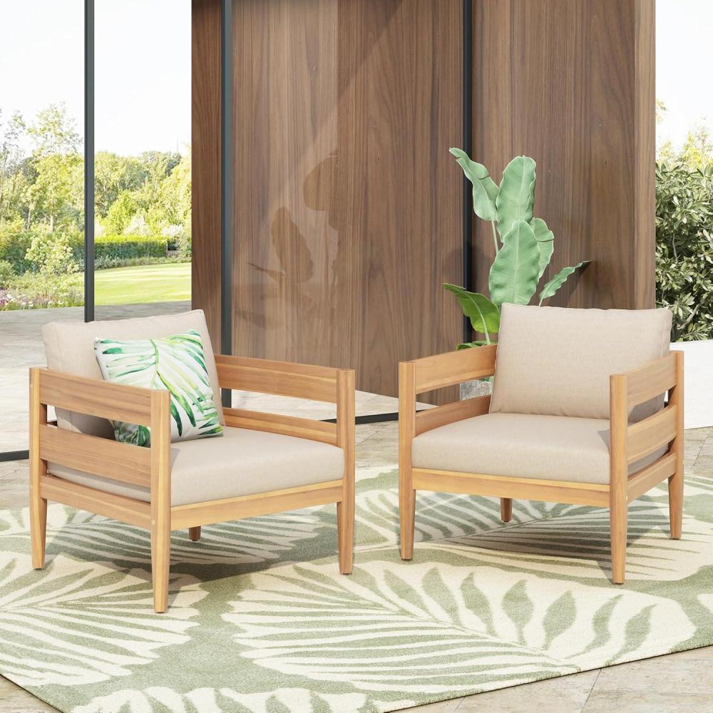 imageChristopher Knight Home Annie Acacia Wood Outdoor Chairs Set of 2 Patio Lounge Chair Outdoor with Slatted Back Accent Chair with Cushions Stylish Armchair for BalconyGarden Dark Gray TeakBeige Light Teak