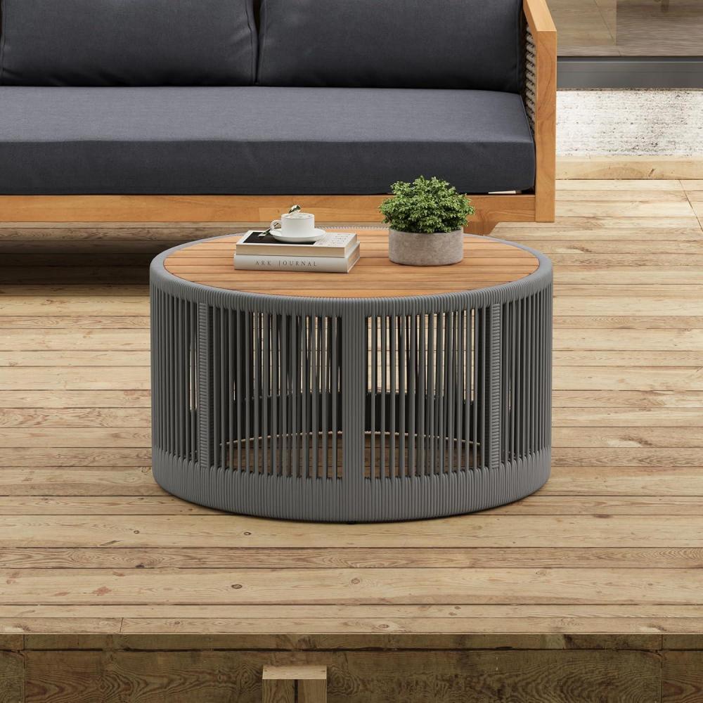 imageChristopher Knight Home Aueket Rustic Acacia Wood Coffee Table 26quot Round Farmhouse Outdoor Patio Center Table Boho Home Decor Iron Frame Rope Design 220lbs Capacity Easy Assembly Teak BeigeTeak Gray