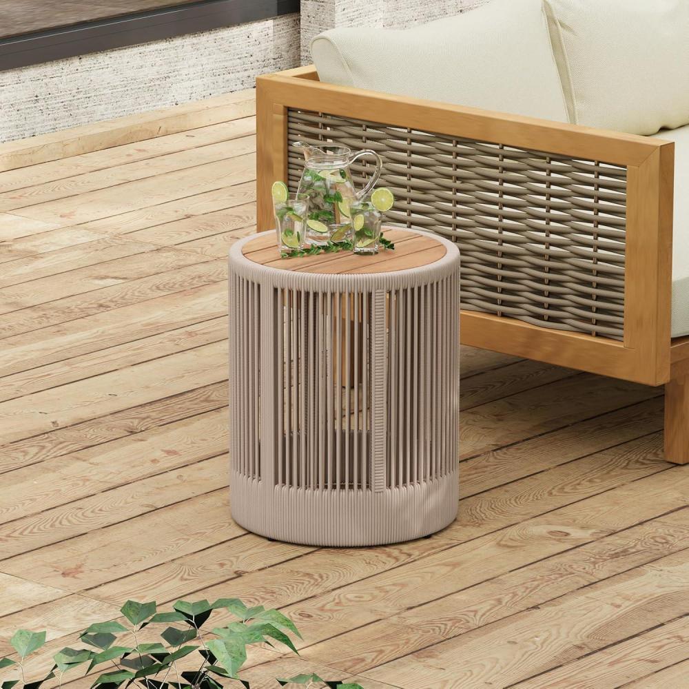 imageChristopher Knight Home Aueket Rustic Acacia Wood Side Table 15quot Round Farmhouse Outdoor Patio Sofa Side Table Boho Home Decor Iron Frame Rope Design 175 lbs Capacity Easy Assembly Teak BeigeTeak Beige