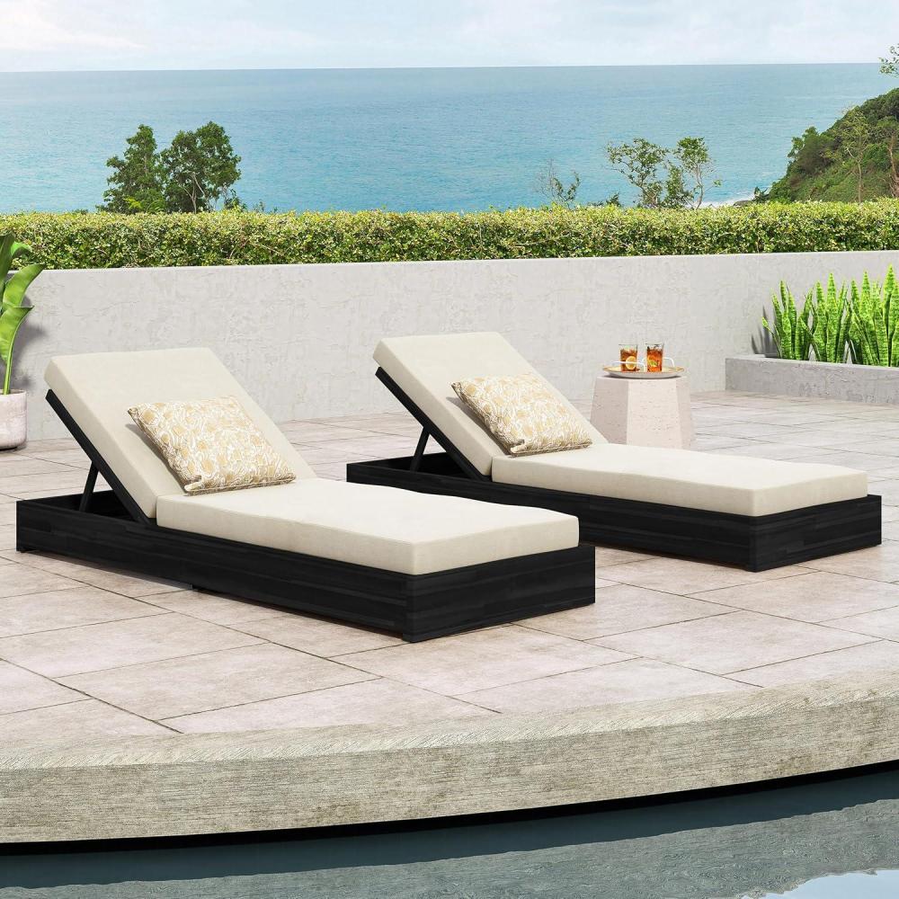 imageChristopher Knight Home Bayard Acacia Wood Chaise Lounge Chair Outdoor Set of 2 Adjustable Backrest Sun Lounger ReclinerPatio Outdoor Chaise Lounge with 4quot Thick WaterResistant CushionBlackCream