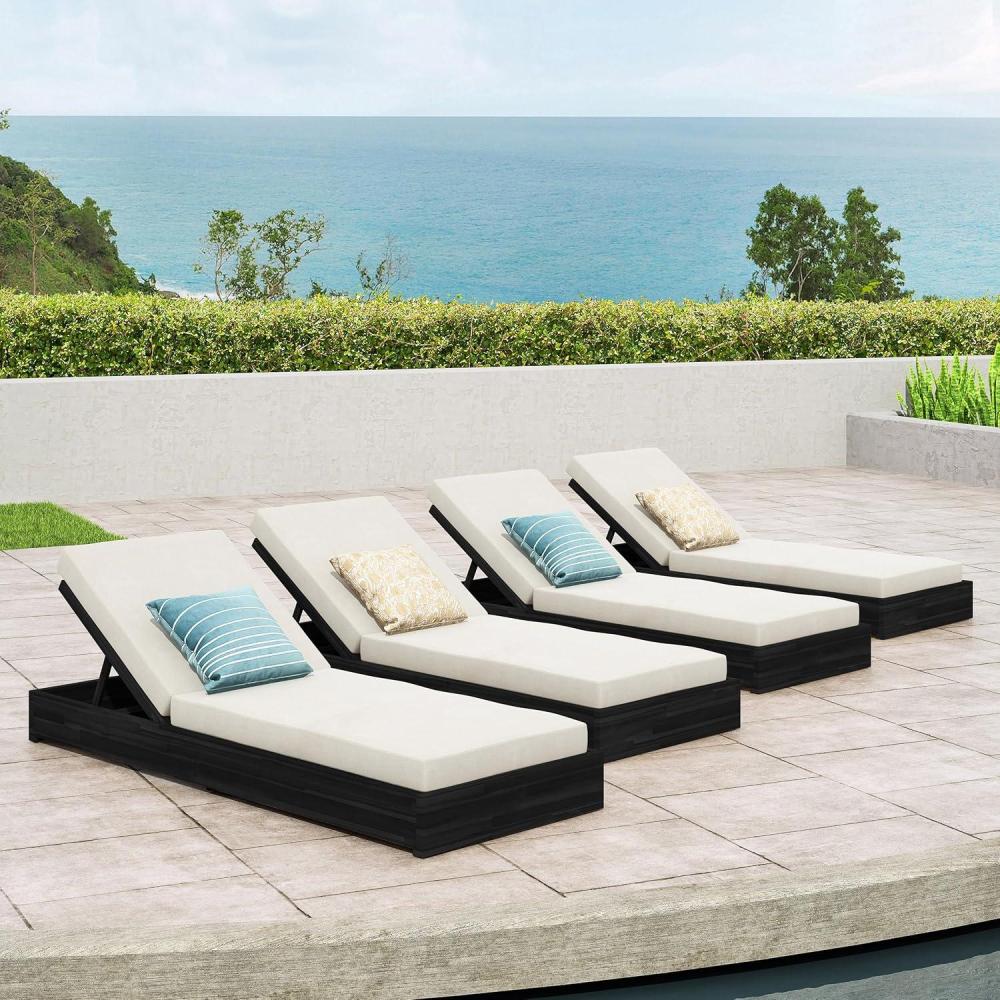 imageChristopher Knight Home Bayard Acacia Wood Chaise Lounge Chair Outdoor Set of 4 Adjustable Backrest Sun Lounger ReclinerPatio Outdoor Chaise Lounge with 4quot Thick WaterResistant CushionBlackCream