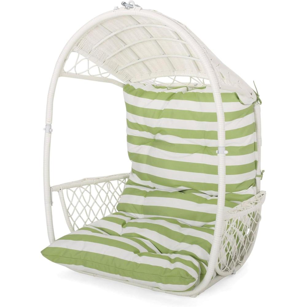 imageChristopher Knight Home Becky Wicker Hanging Chair with Cushion Stand Not Included Brown TanWhite Green