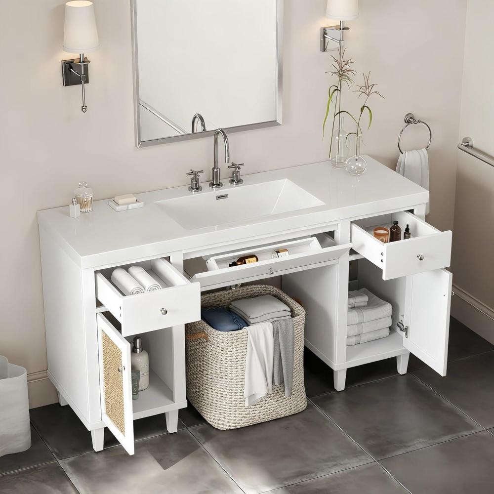 imageChristopher Knight Home Bines Bathroom Storage Cabinet with Single Sink 3 Storage Drawers and 2 Shelves Cabinet SMC Vanity Top with Wood Legs Floor Mount 60quot Bathroom Vanity with Sink WhiteWhite